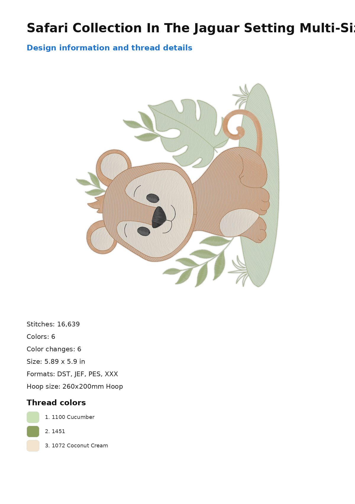Safari Collection In The Jaguar Setting Multi-Size free machine embroidery design — 5.89×5.9 in — 16,639 stitches — 6 colors — DST, JEF, PES, XXX