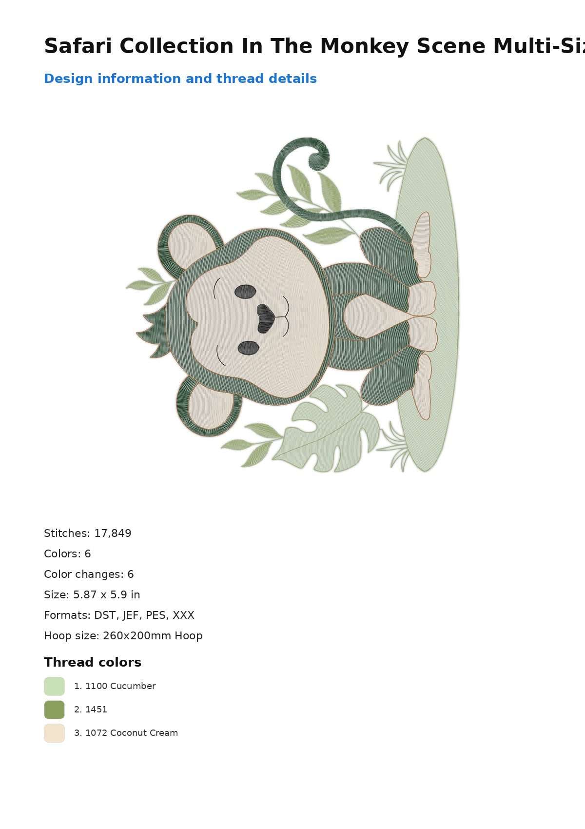 Safari Collection In The Monkey Scene Multi-Size free machine embroidery design — 5.87×5.9 in — 17,849 stitches — 6 colors — DST, JEF, PES, XXX