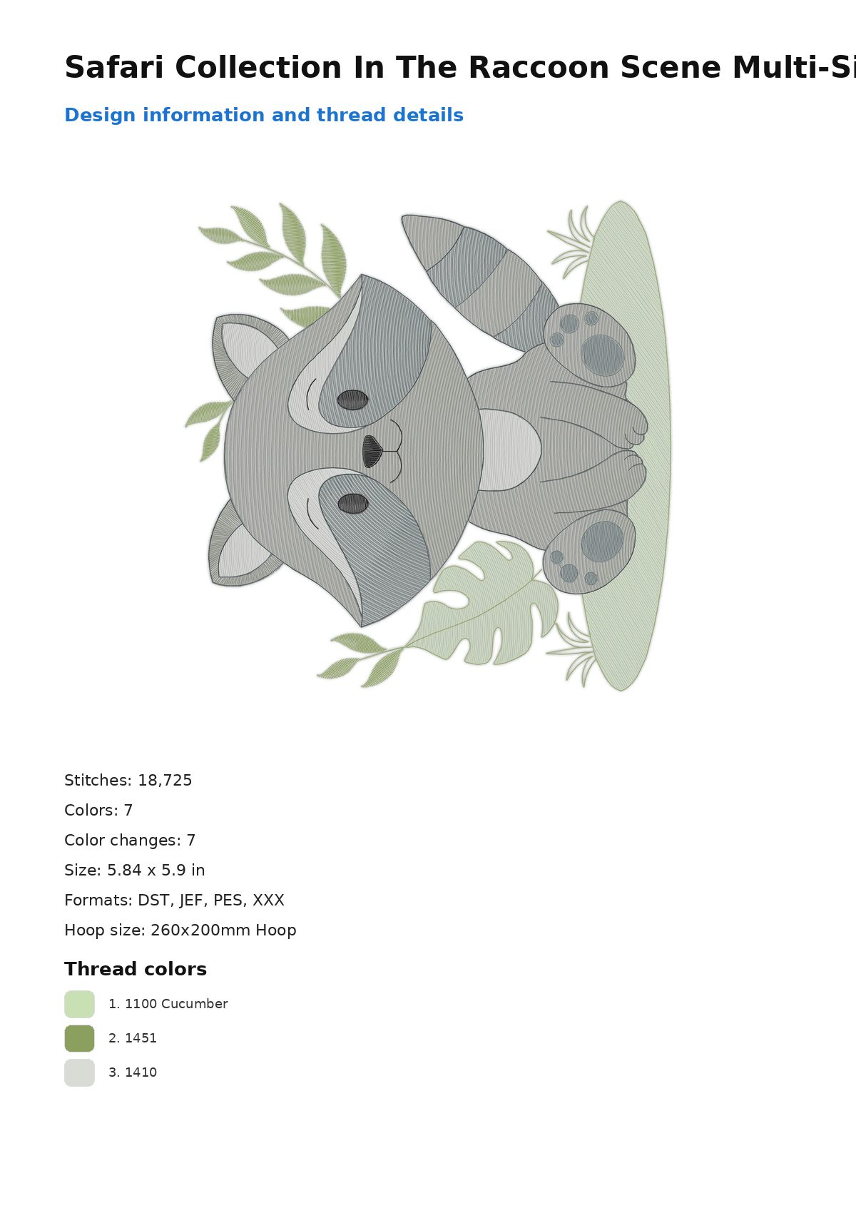 Safari Collection In The Raccoon Scene Multi-Size free machine embroidery design — 5.84×5.9 in — 18,725 stitches — 7 colors — DST, JEF, PES, XXX