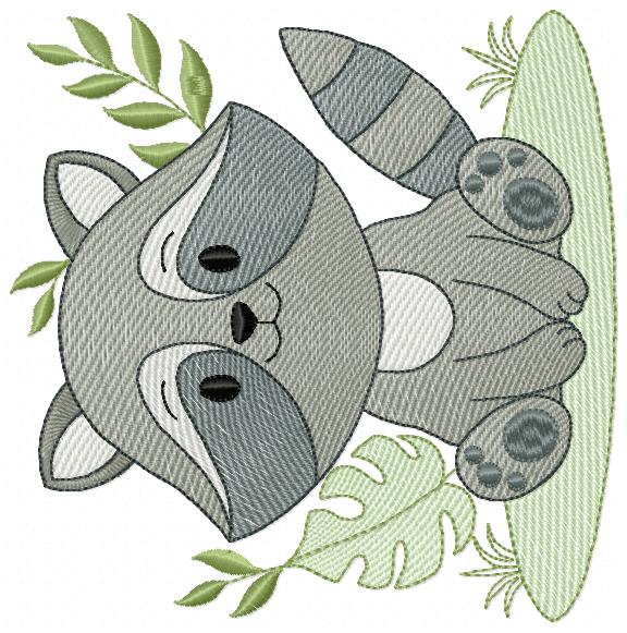 Safari Collection In The Raccoon Scene Multi-Size free machine embroidery design — 5.84×5.9 in — 18,725 stitches — 7 colors — DST, JEF, PES, XXX