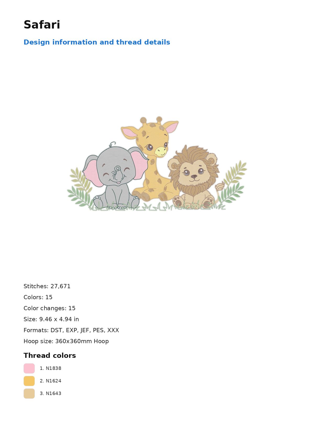 Safari free machine embroidery design — 9.46×4.94 in — 27,671 stitches — 15 colors — DST, EXP, JEF, PES, XXX