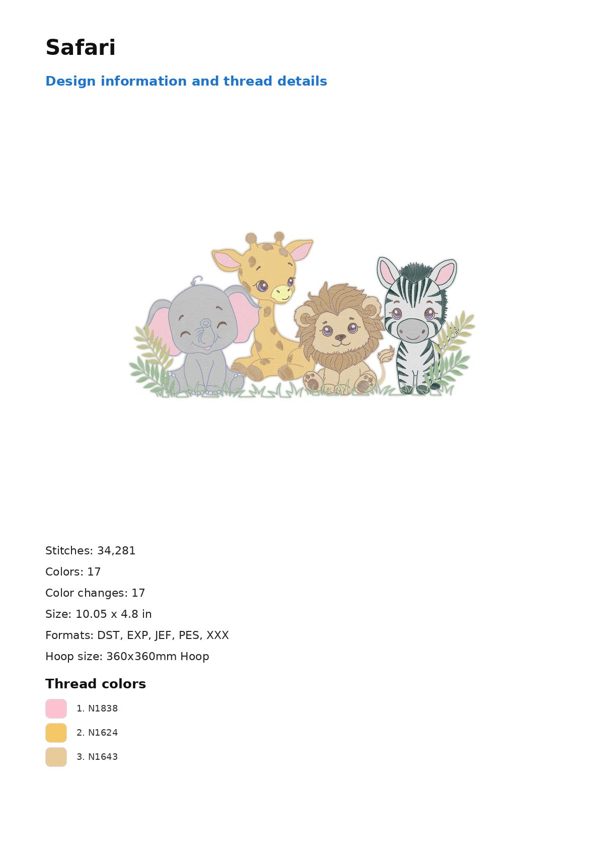 Safari free machine embroidery design — 10.05×4.8 in — 34,281 stitches — 17 colors — DST, EXP, JEF, PES, XXX