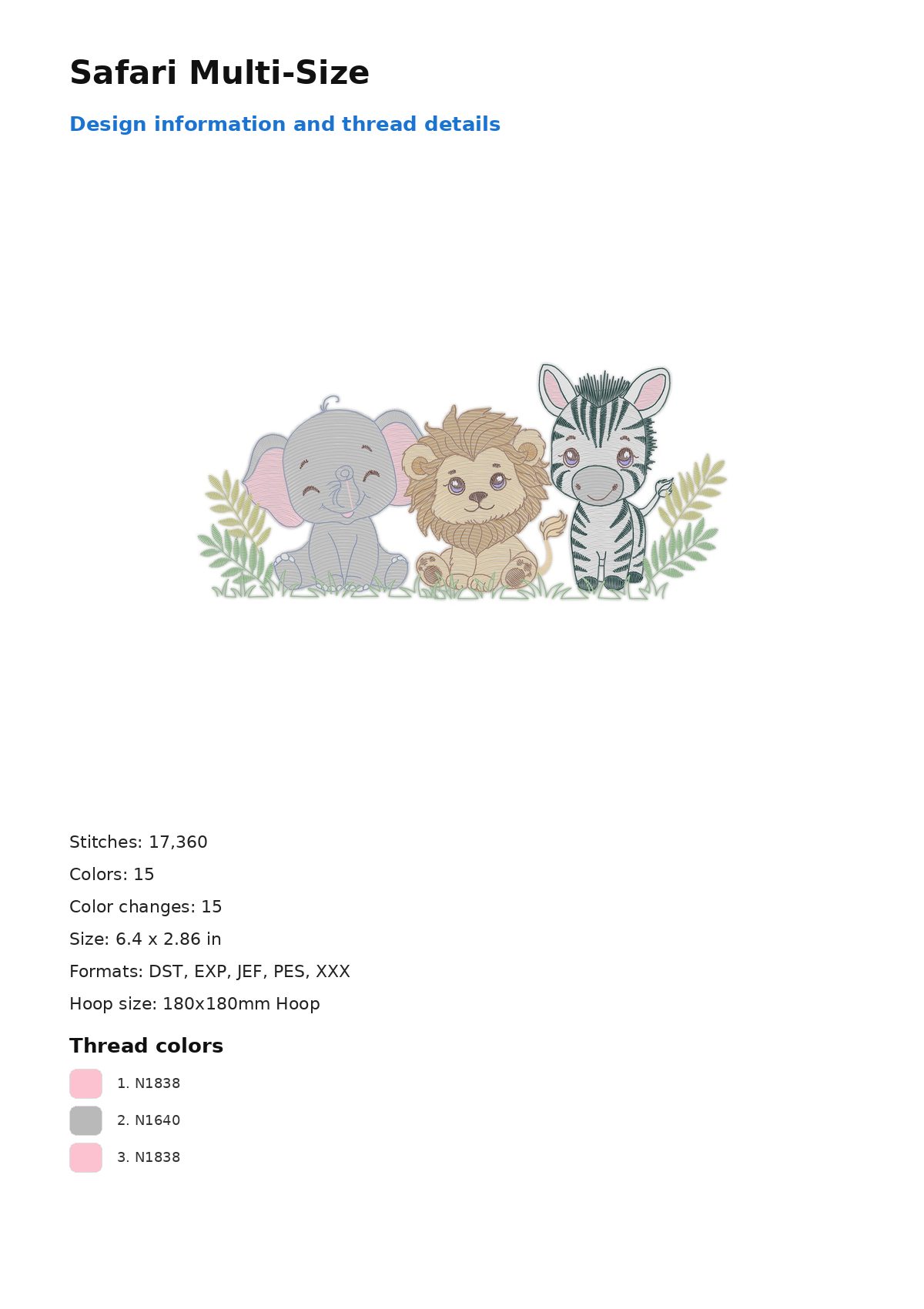 Safari Multi-Size free machine embroidery design — 6.4×2.86 in — 17,360 stitches — 15 colors — DST, EXP, JEF, PES, XXX