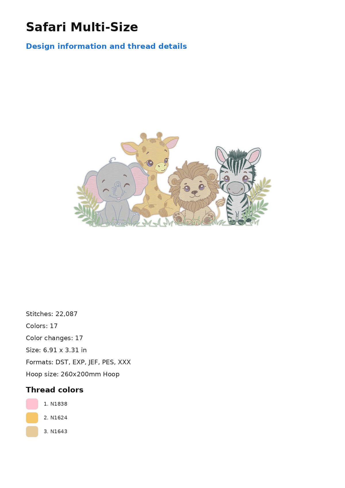 Safari Multi-Size free machine embroidery design — 6.91×3.31 in — 22,087 stitches — 17 colors — DST, EXP, JEF, PES, XXX