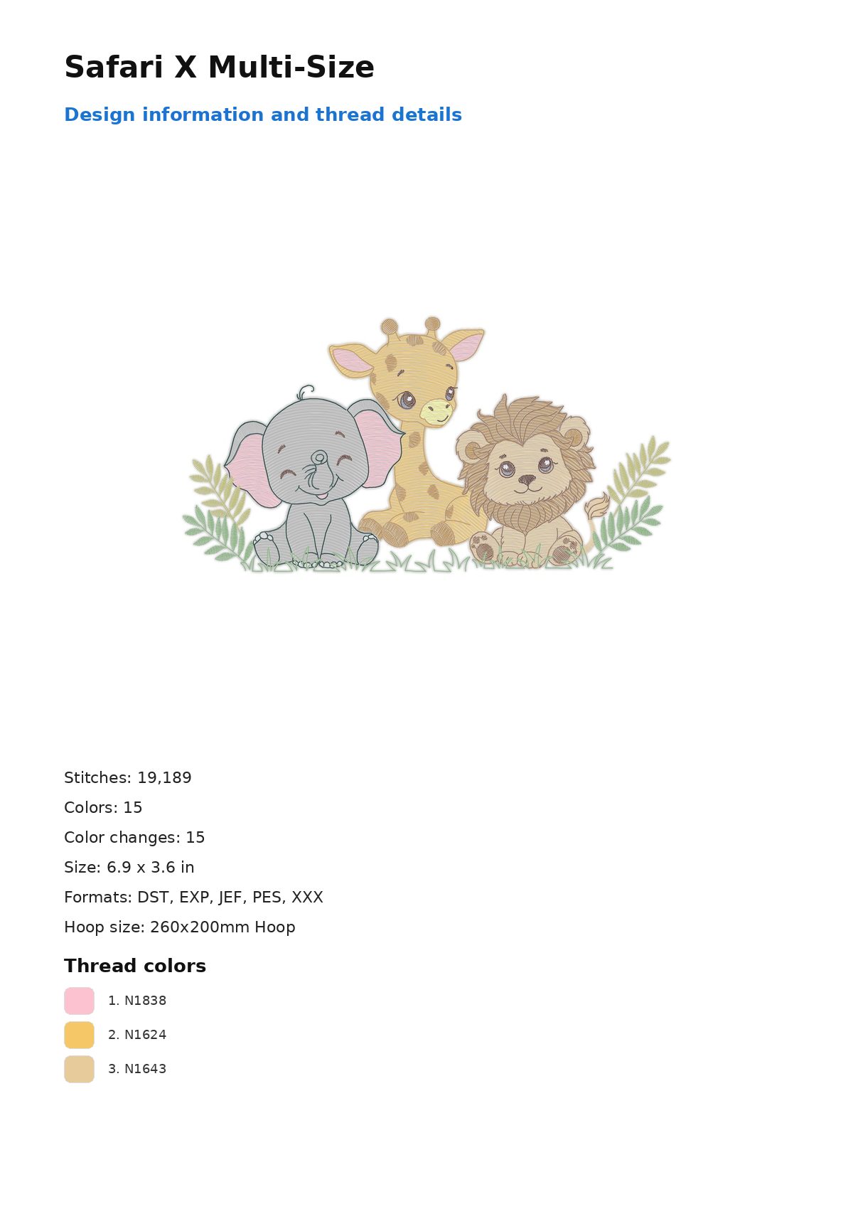 Safari X Multi-Size free machine embroidery design — 6.9×3.6 in — 19,189 stitches — 15 colors — DST, EXP, JEF, PES, XXX