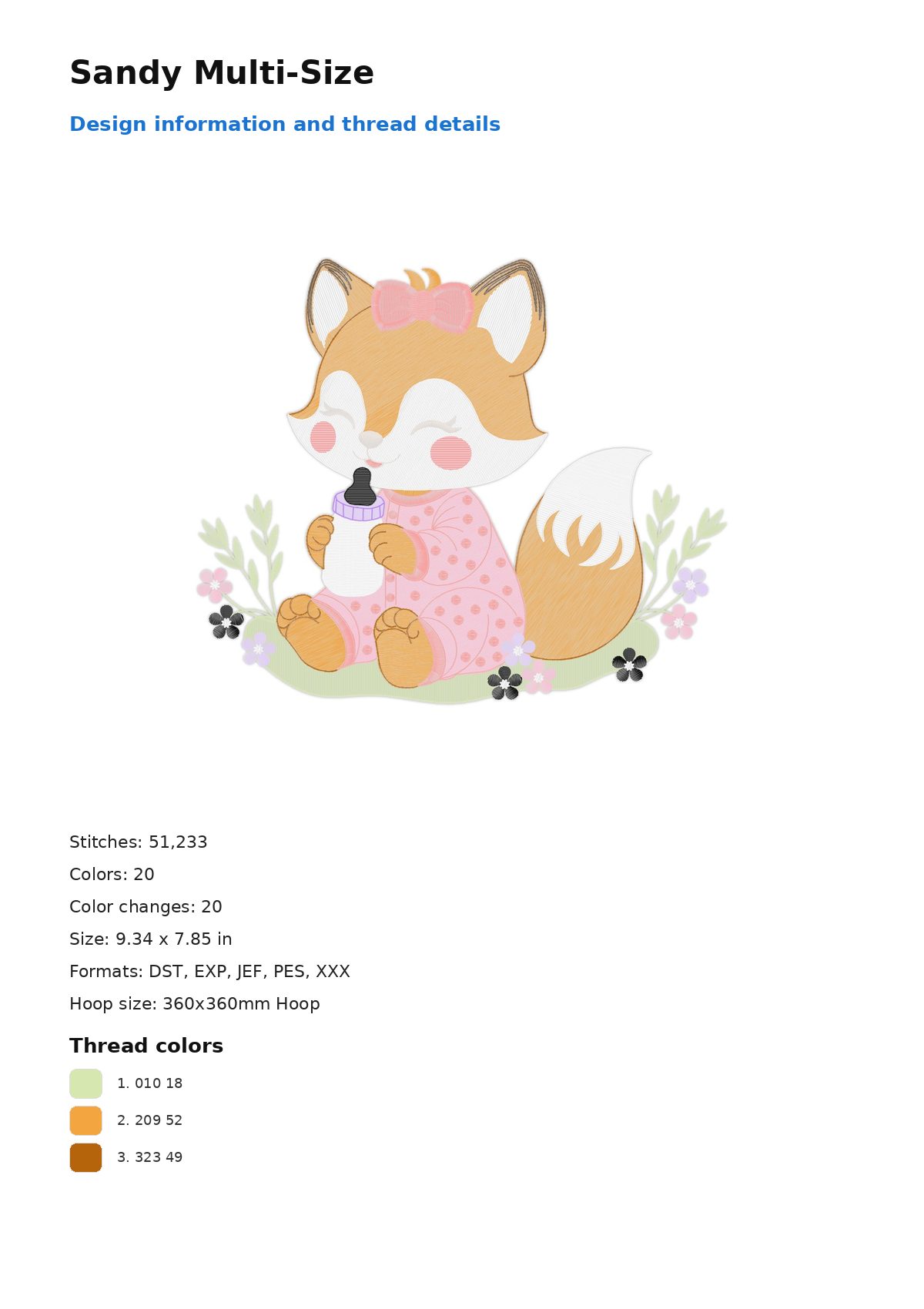 Sandy Multi-Size free machine embroidery design — 9.34×7.85 in — 51,233 stitches — 20 colors — DST, EXP, JEF, PES, XXX