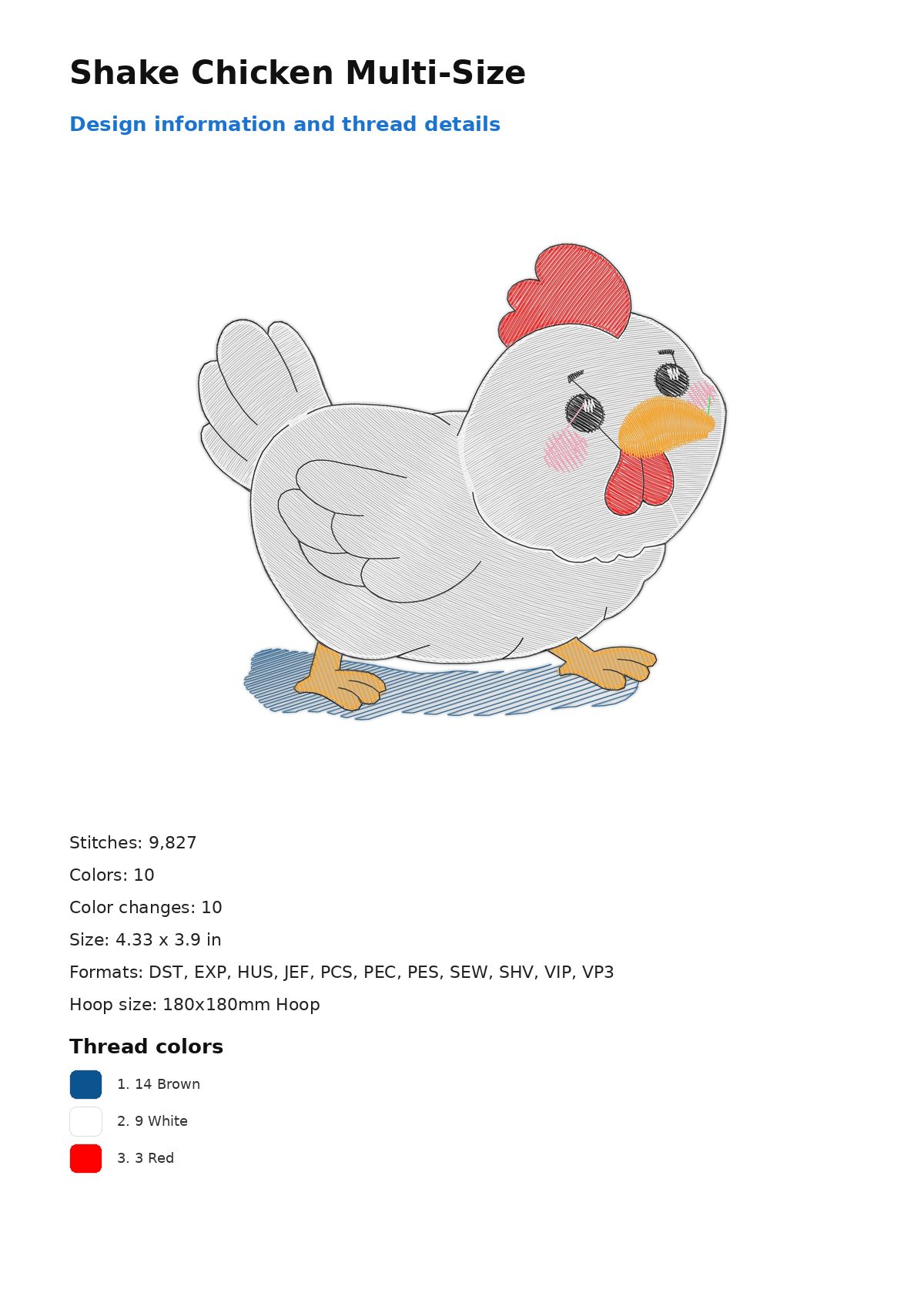 Shake Chicken Multi-Size free machine embroidery design — 4.33×3.9 in — 9,827 stitches — 10 colors — DST, EXP, HUS, JEF, PCS