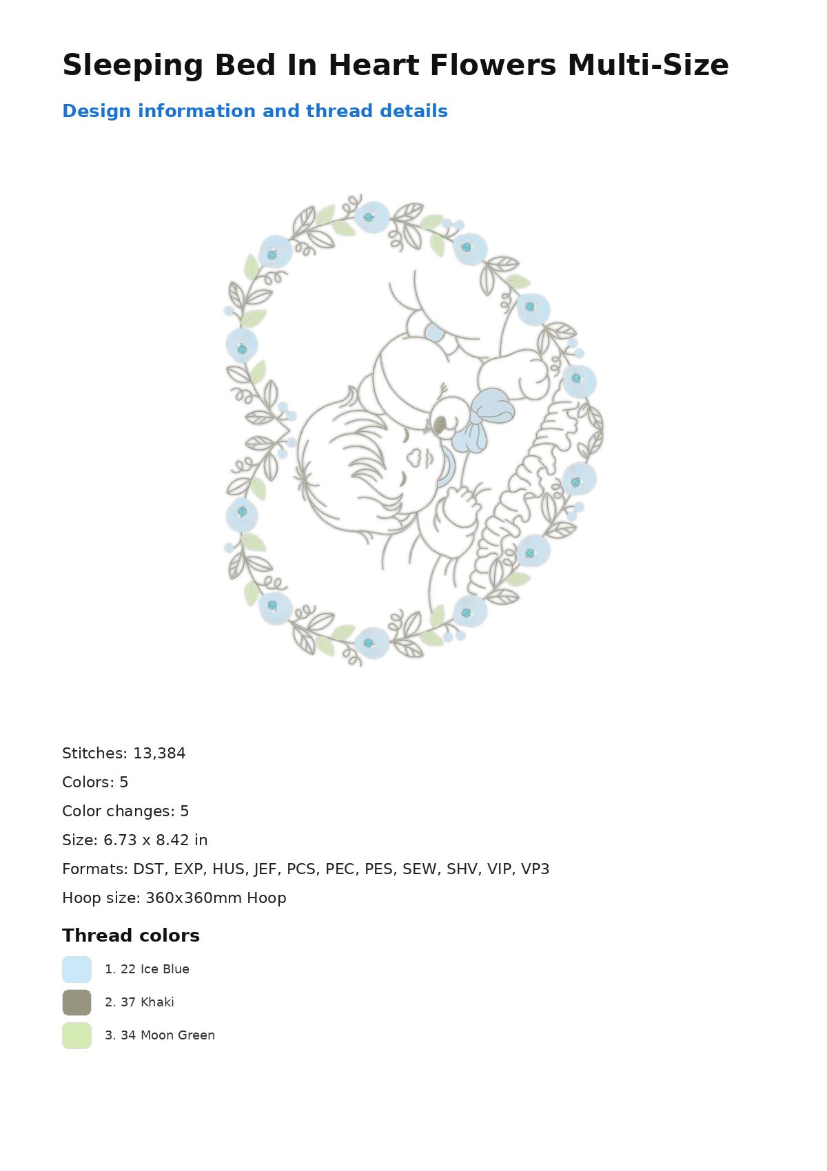 Sleeping Bed In Heart Flowers Multi-Size free machine embroidery design — 6.73×8.42 in — 13,384 stitches — 5 colors — DST, EXP, HUS, JEF, PCS