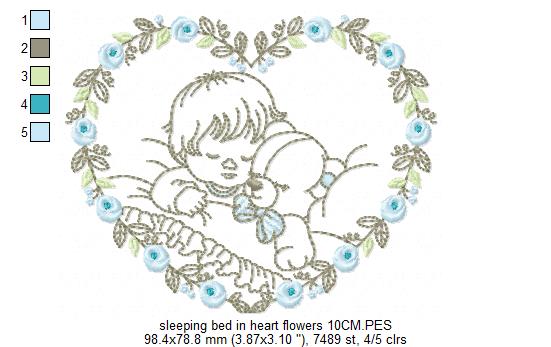 Sleeping Bed In Heart Flowers Multi-Size free machine embroidery design — 6.73×8.42 in — 13,384 stitches — 5 colors — DST, EXP, HUS, JEF, PCS
