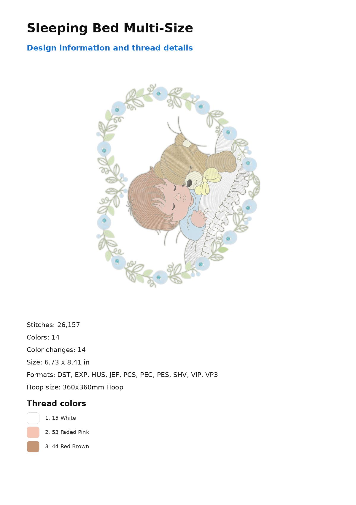 Sleeping Bed Multi-Size free machine embroidery design — 6.73×8.41 in — 26,157 stitches — 14 colors — DST, EXP, HUS, JEF, PCS