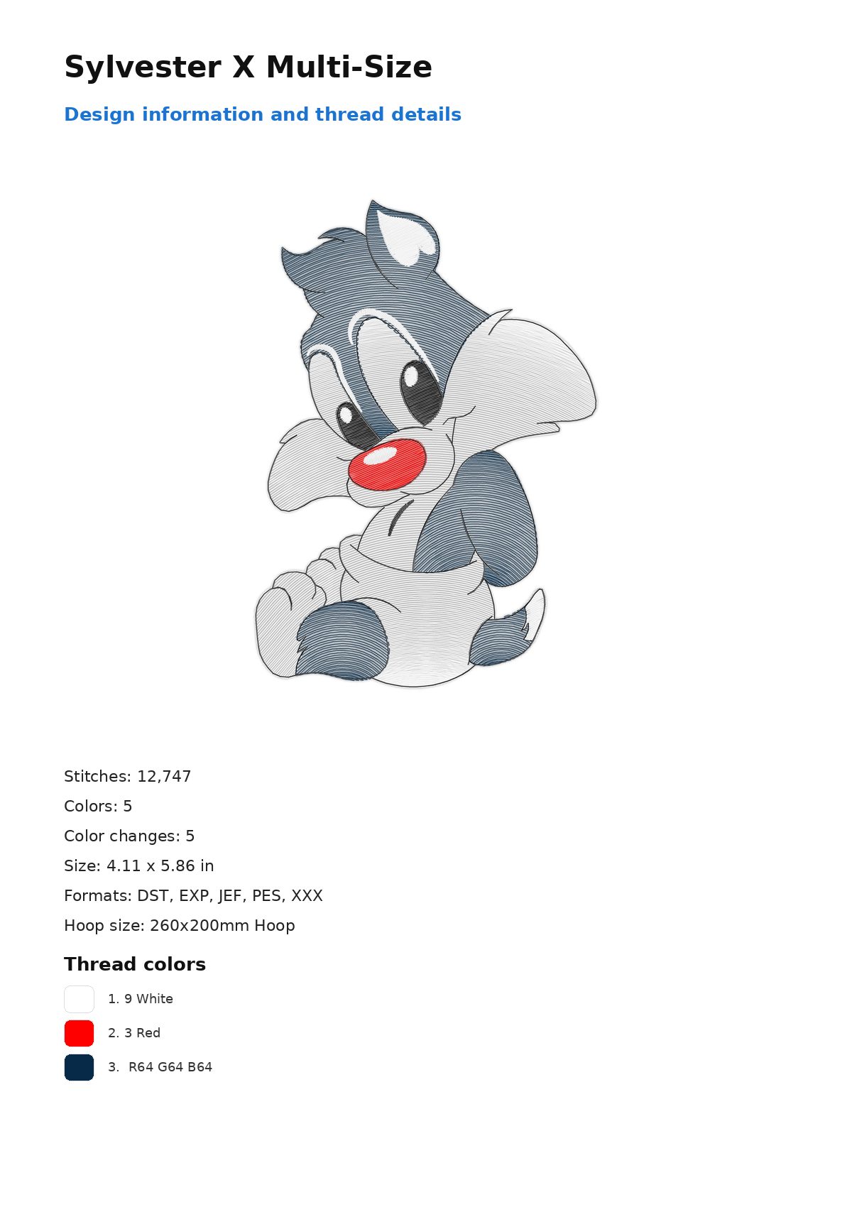 Sylvester X Multi-Size free machine embroidery design — 4.11×5.86 in — 12,747 stitches — 5 colors — DST, EXP, JEF, PES, XXX