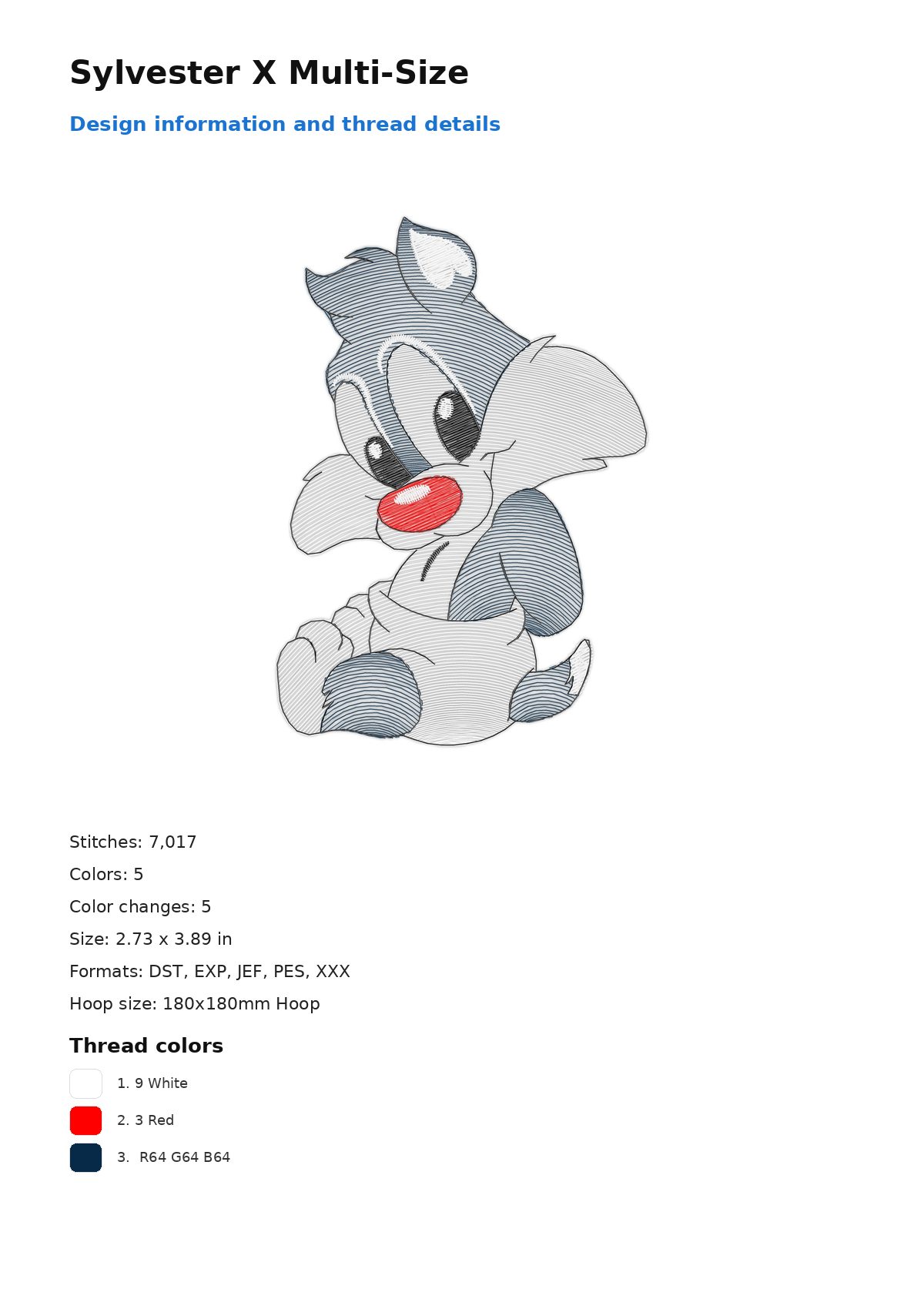 Sylvester X Multi-Size free machine embroidery design — 2.73×3.89 in — 7,017 stitches — 5 colors — DST, EXP, JEF, PES, XXX