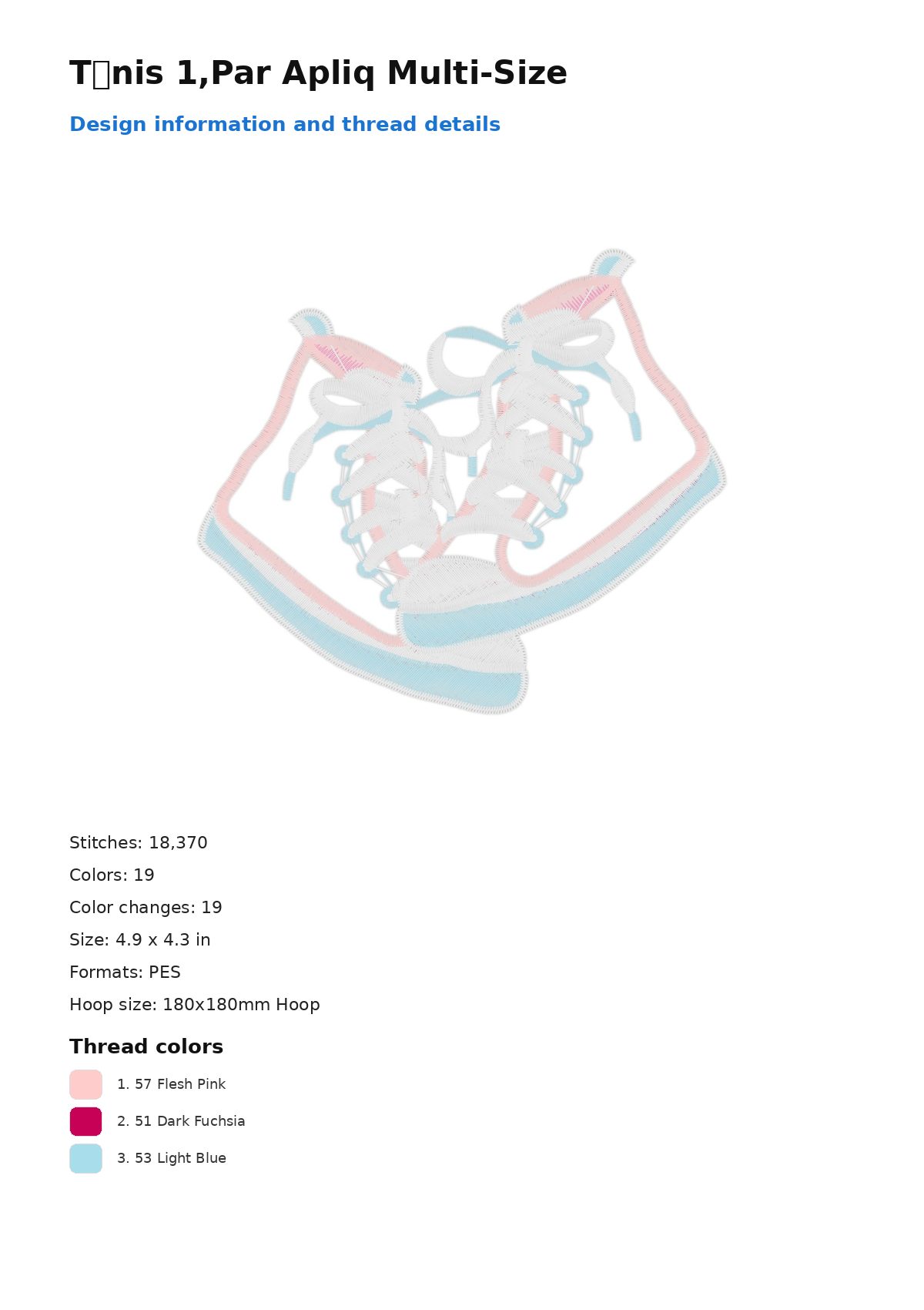 Tnis 1,Par Apliq Multi-Size free machine embroidery design — 4.9×4.3 in — 18,370 stitches — 19 colors — PES