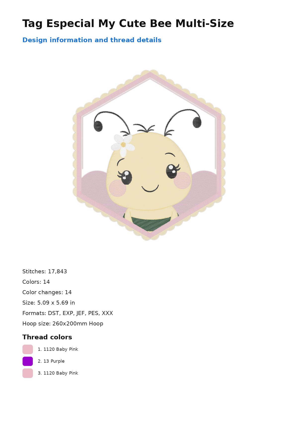 Tag Especial My Cute Bee Multi-Size free machine embroidery design — 5.09×5.69 in — 17,843 stitches — 14 colors — DST, EXP, JEF, PES, XXX