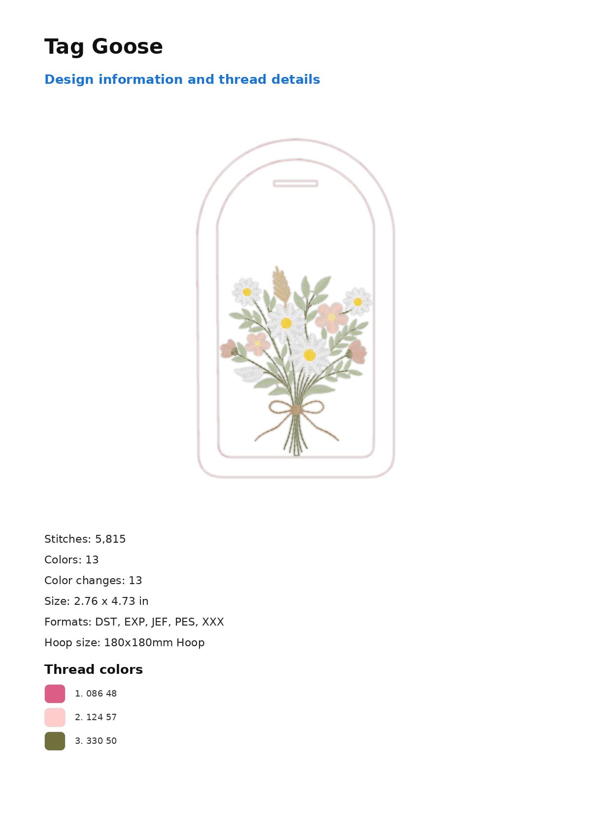 Tag Goose free machine embroidery design — 2.76×4.73 in — 5,815 stitches — 13 colors — DST, EXP, JEF, PES, XXX