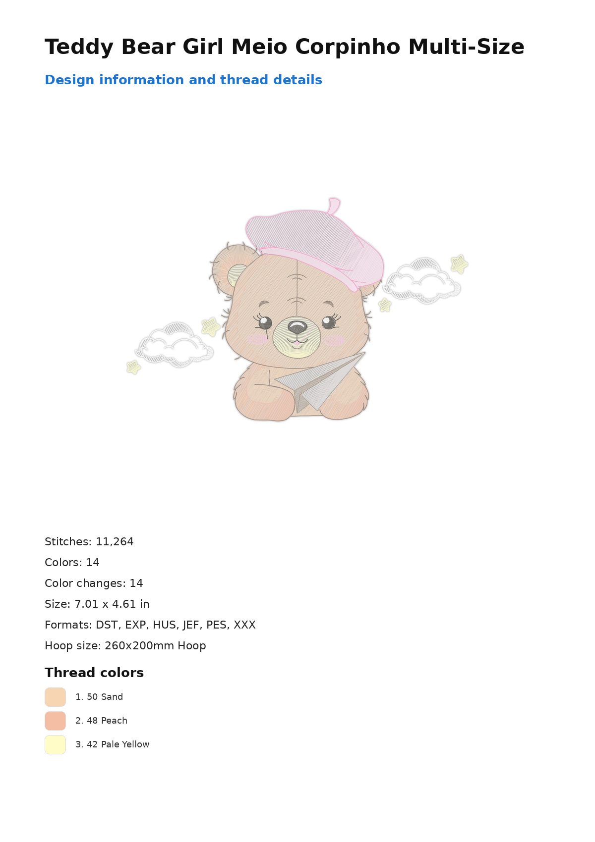 Teddy Bear Girl Meio Corpinho Multi-Size free machine embroidery design — 7.01×4.61 in — 11,264 stitches — 14 colors — DST, EXP, HUS, JEF, PES