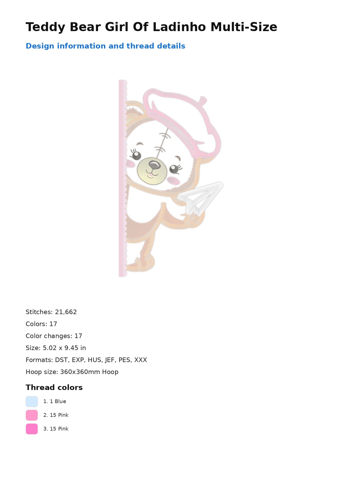 Teddy Bear Girl Of Ladinho Multi-Size free machine embroidery design — 5.02×9.45 in — 21,662 stitches — 17 colors — DST, EXP, HUS, JEF, PES
