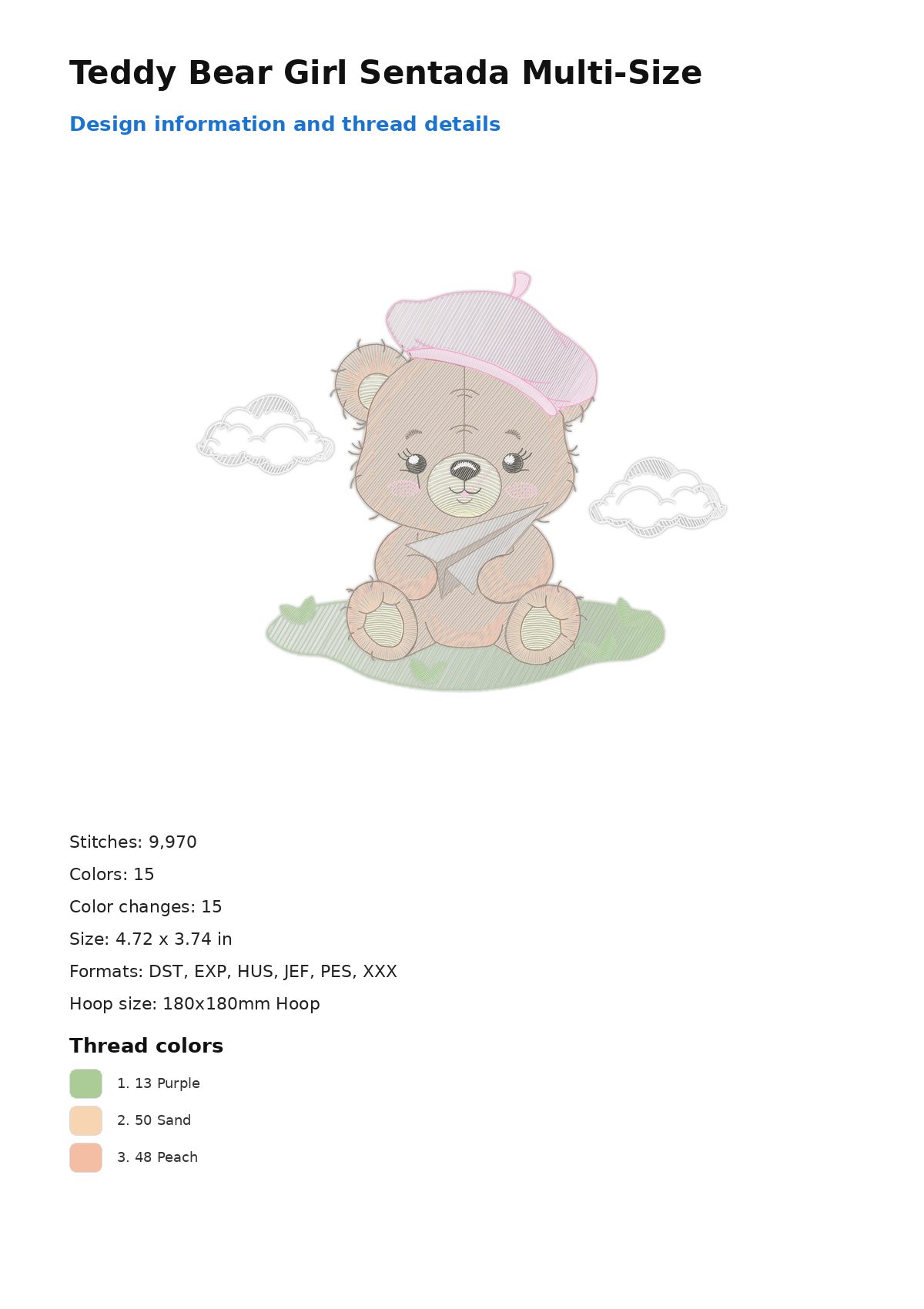 Teddy Bear Girl Sentada Multi-Size free machine embroidery design — 4.72×3.74 in — 9,970 stitches — 15 colors — DST, EXP, HUS, JEF, PES
