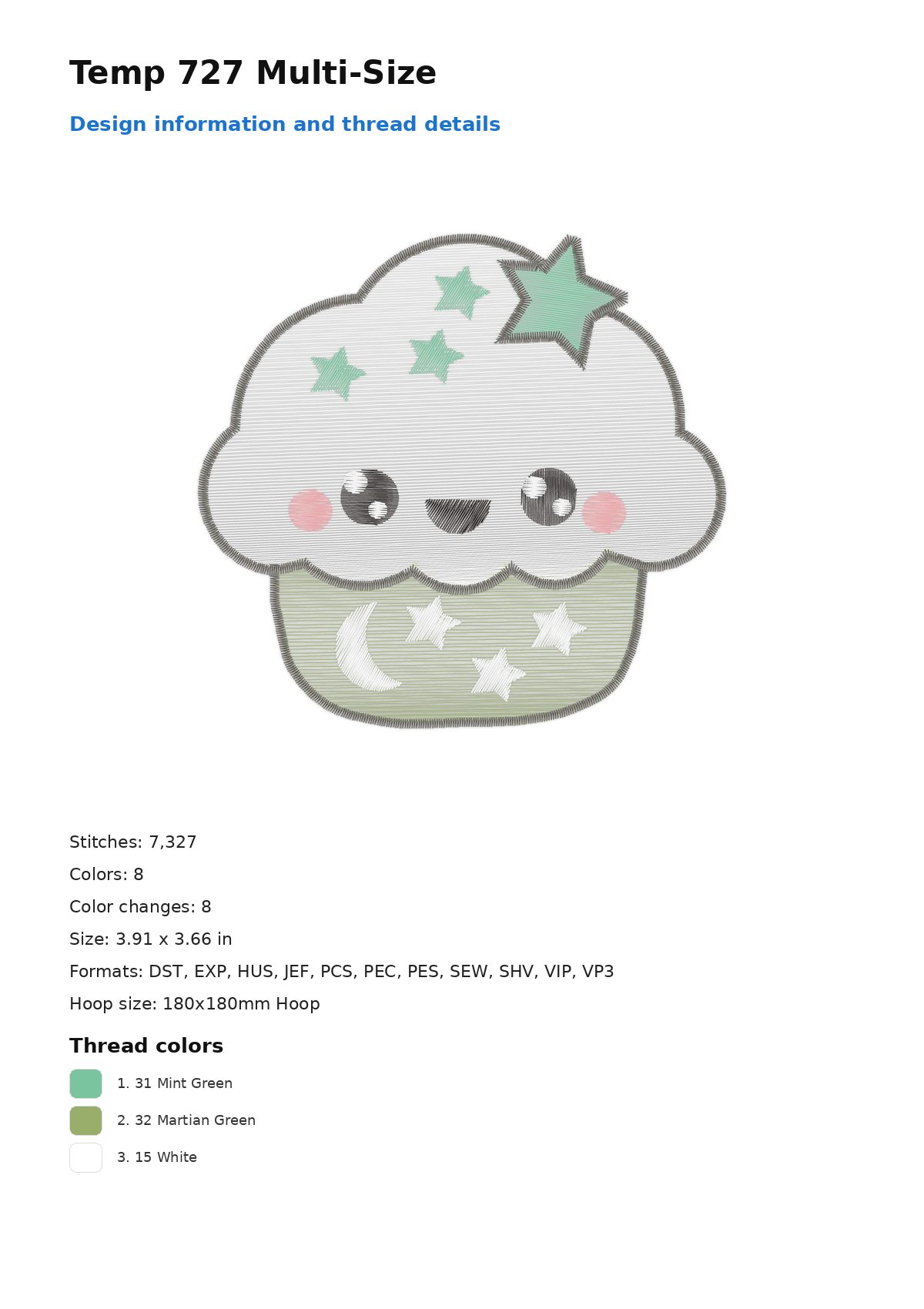 Temp 727 Multi-Size free machine embroidery design — 3.91×3.66 in — 7,327 stitches — 8 colors — DST, EXP, HUS, JEF, PCS