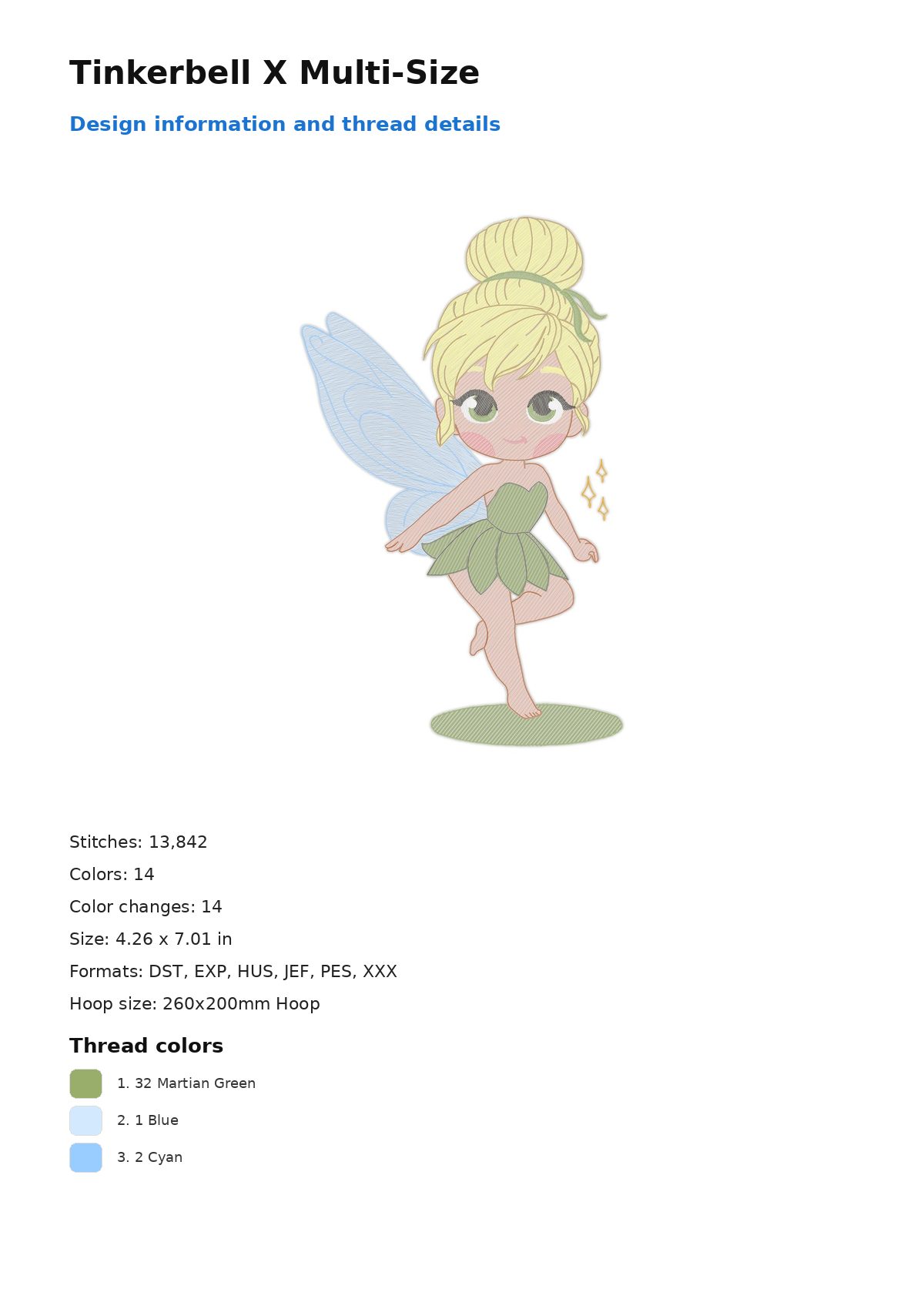 Tinkerbell X Multi-Size free machine embroidery design — 4.26×7.01 in — 13,842 stitches — 14 colors — DST, EXP, HUS, JEF, PES