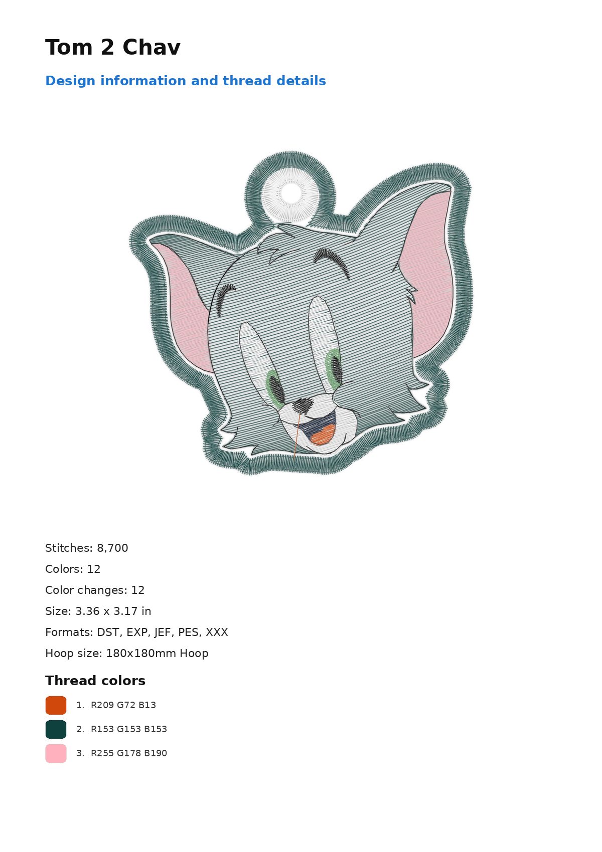 Tom 2 Chav free machine embroidery design — 3.36×3.17 in — 8,700 stitches — 12 colors — DST, EXP, JEF, PES, XXX
