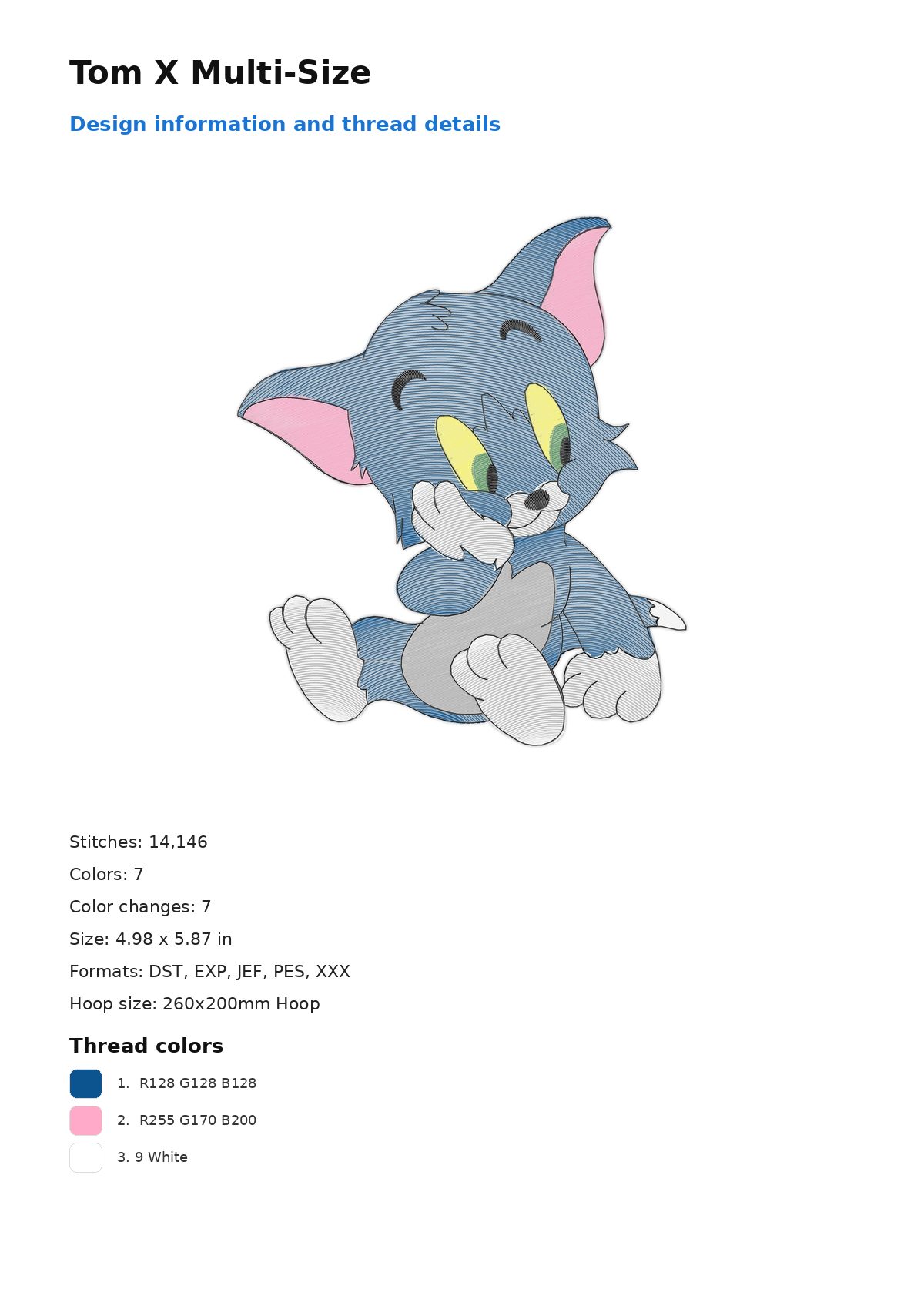 Tom X Multi-Size free machine embroidery design — 4.98×5.87 in — 14,146 stitches — 7 colors — DST, EXP, JEF, PES, XXX