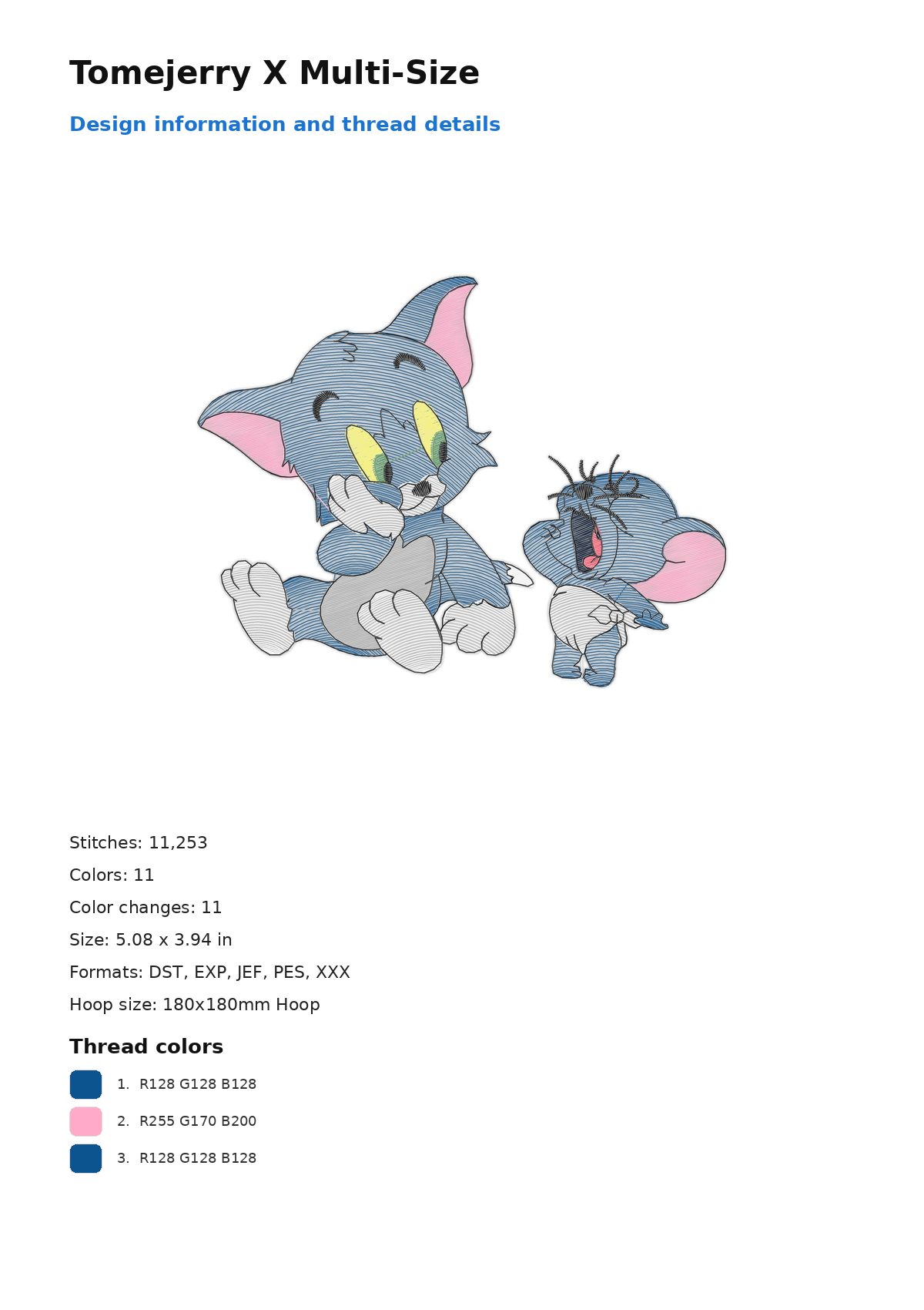 Tomejerry X Multi-Size free machine embroidery design — 5.08×3.94 in — 11,253 stitches — 11 colors — DST, EXP, JEF, PES, XXX