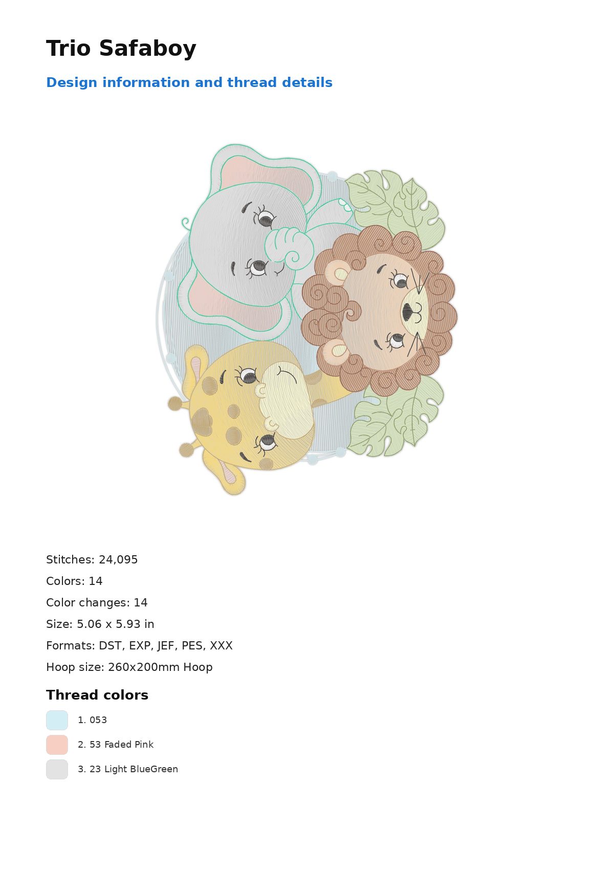 Trio Safaboy free machine embroidery design — 5.06×5.93 in — 24,095 stitches — 14 colors — DST, EXP, JEF, PES, XXX