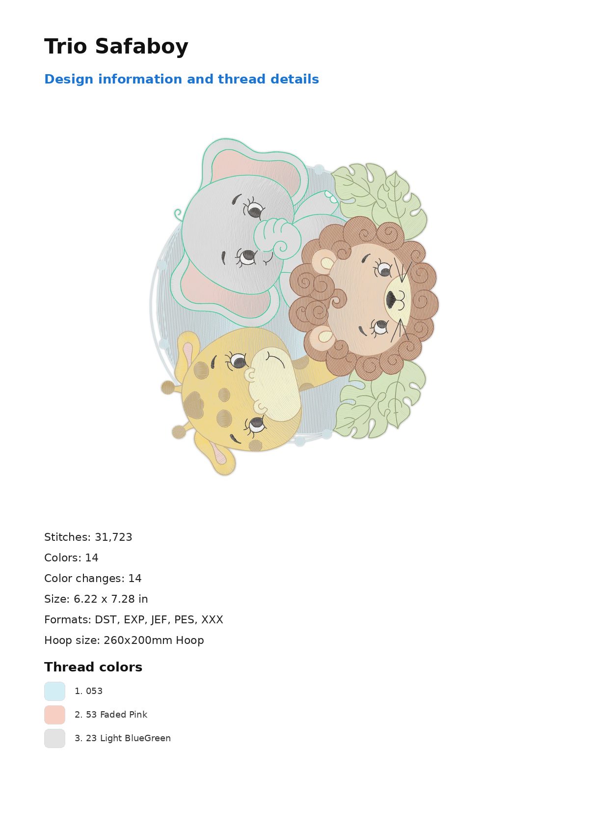 Trio Safaboy free machine embroidery design — 6.22×7.28 in — 31,723 stitches — 14 colors — DST, EXP, JEF, PES, XXX