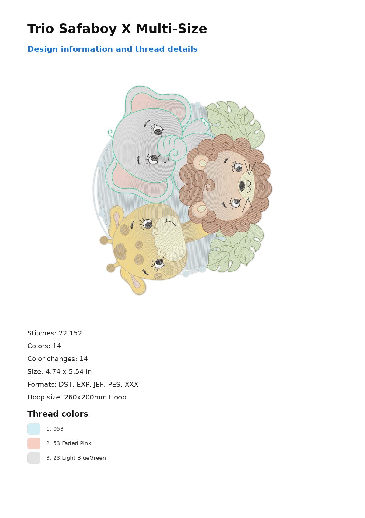 Trio Safaboy X Multi-Size free machine embroidery design — 4.74×5.54 in — 22,152 stitches — 14 colors — DST, EXP, JEF, PES, XXX
