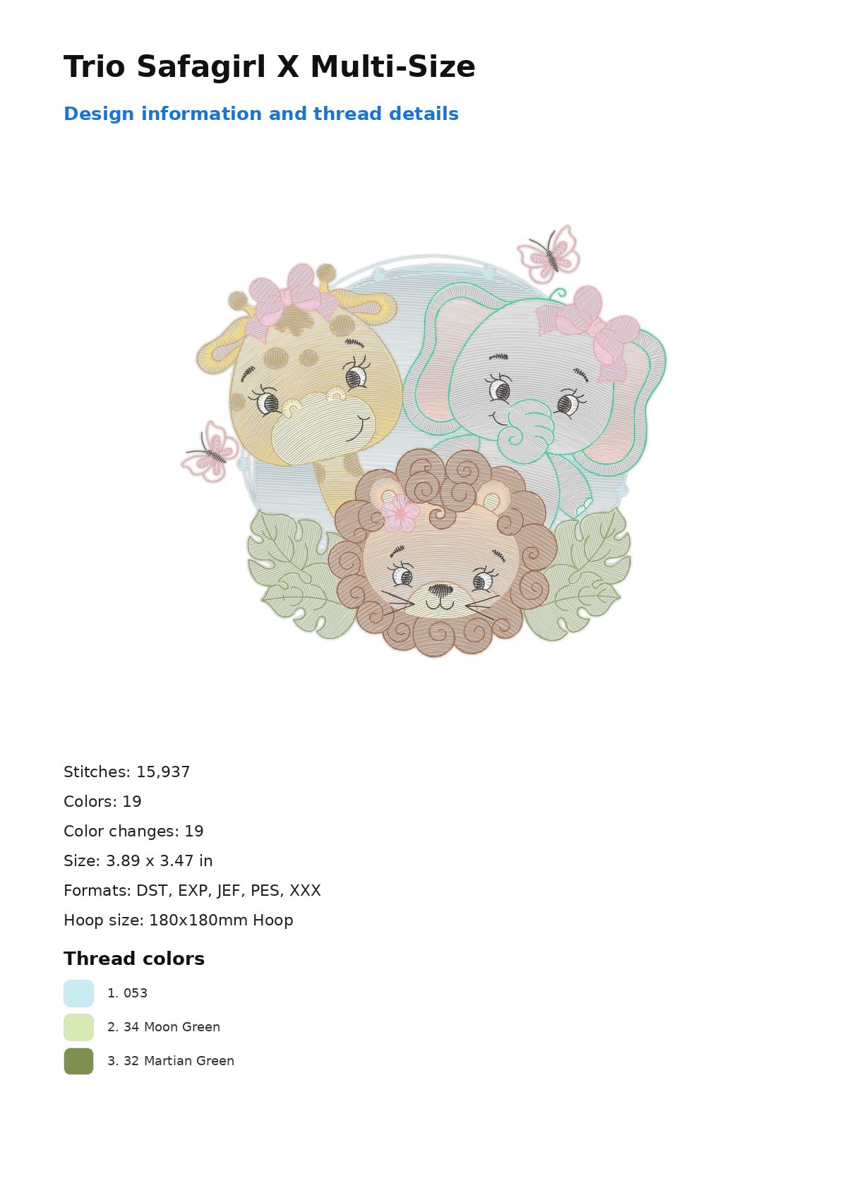 Trio Safagirl X Multi-Size free machine embroidery design — 3.89×3.47 in — 15,937 stitches — 19 colors — DST, EXP, JEF, PES, XXX