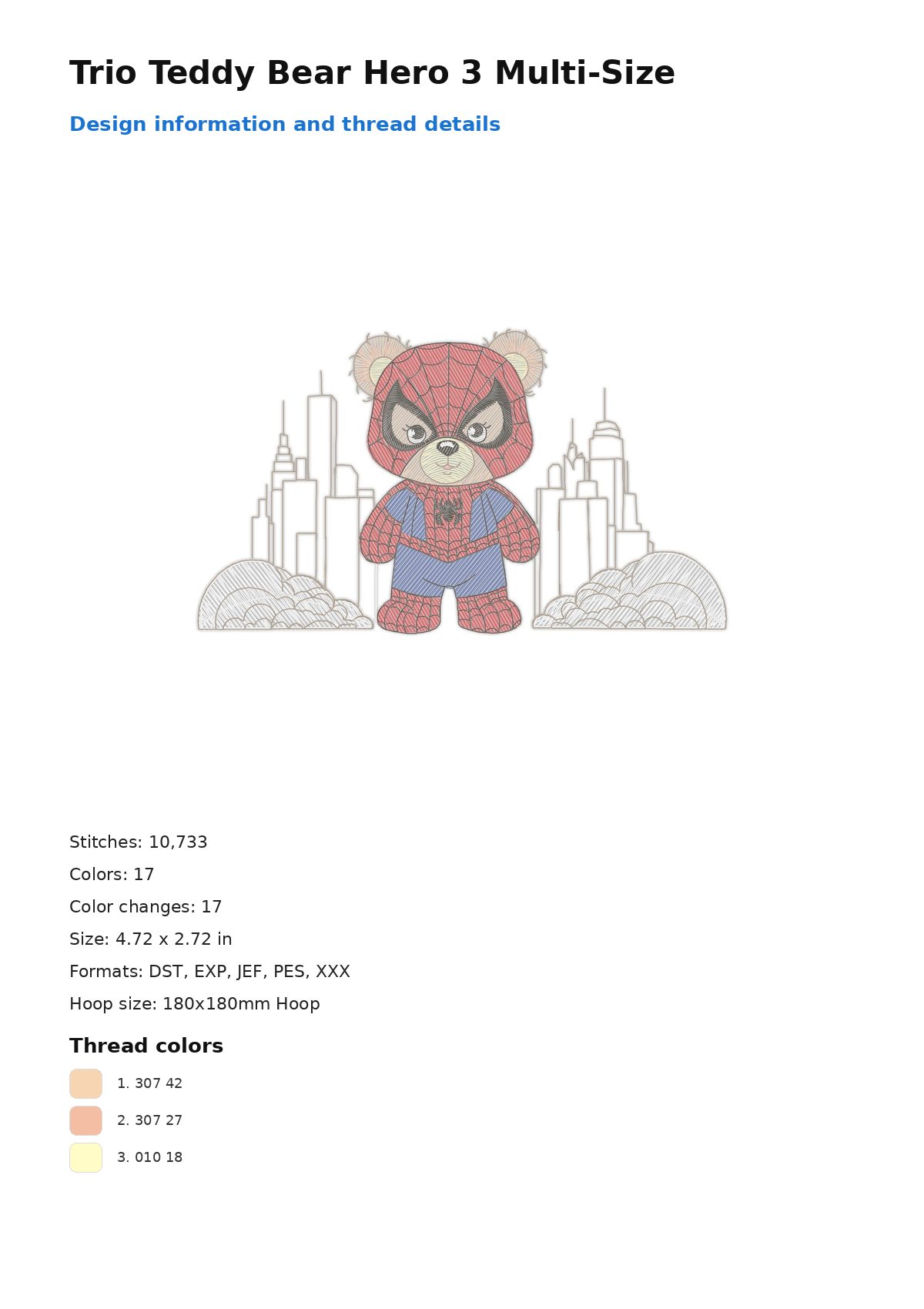 Trio Teddy Bear Hero 3 Multi-Size free machine embroidery design — 4.72×2.72 in — 10,733 stitches — 17 colors — DST, EXP, JEF, PES, XXX