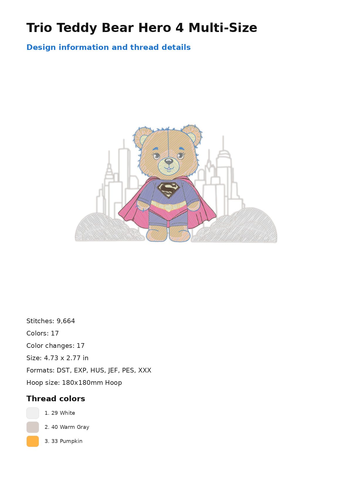 Trio Teddy Bear Hero 4 Multi-Size free machine embroidery design — 4.73×2.77 in — 9,664 stitches — 17 colors — DST, EXP, HUS, JEF, PES