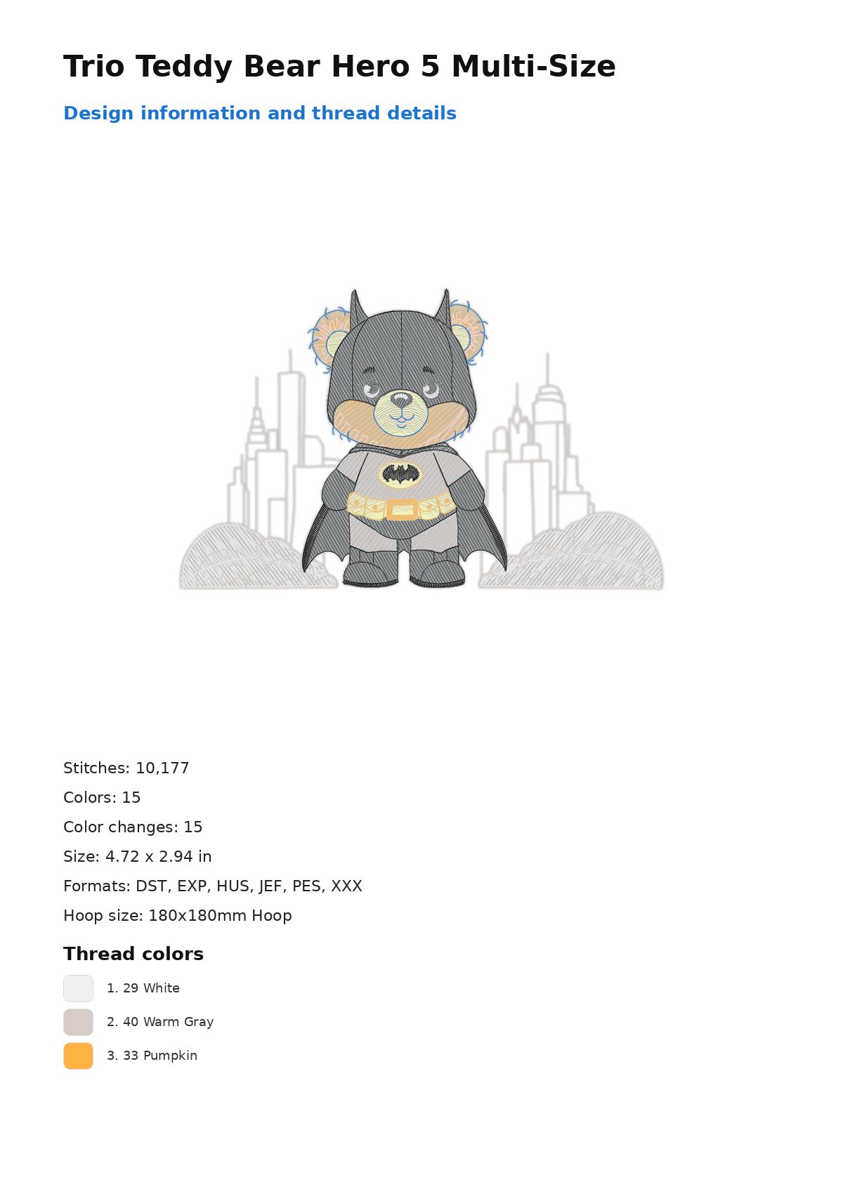 Trio Teddy Bear Hero 5 Multi-Size free machine embroidery design — 4.72×2.94 in — 10,177 stitches — 15 colors — DST, EXP, HUS, JEF, PES
