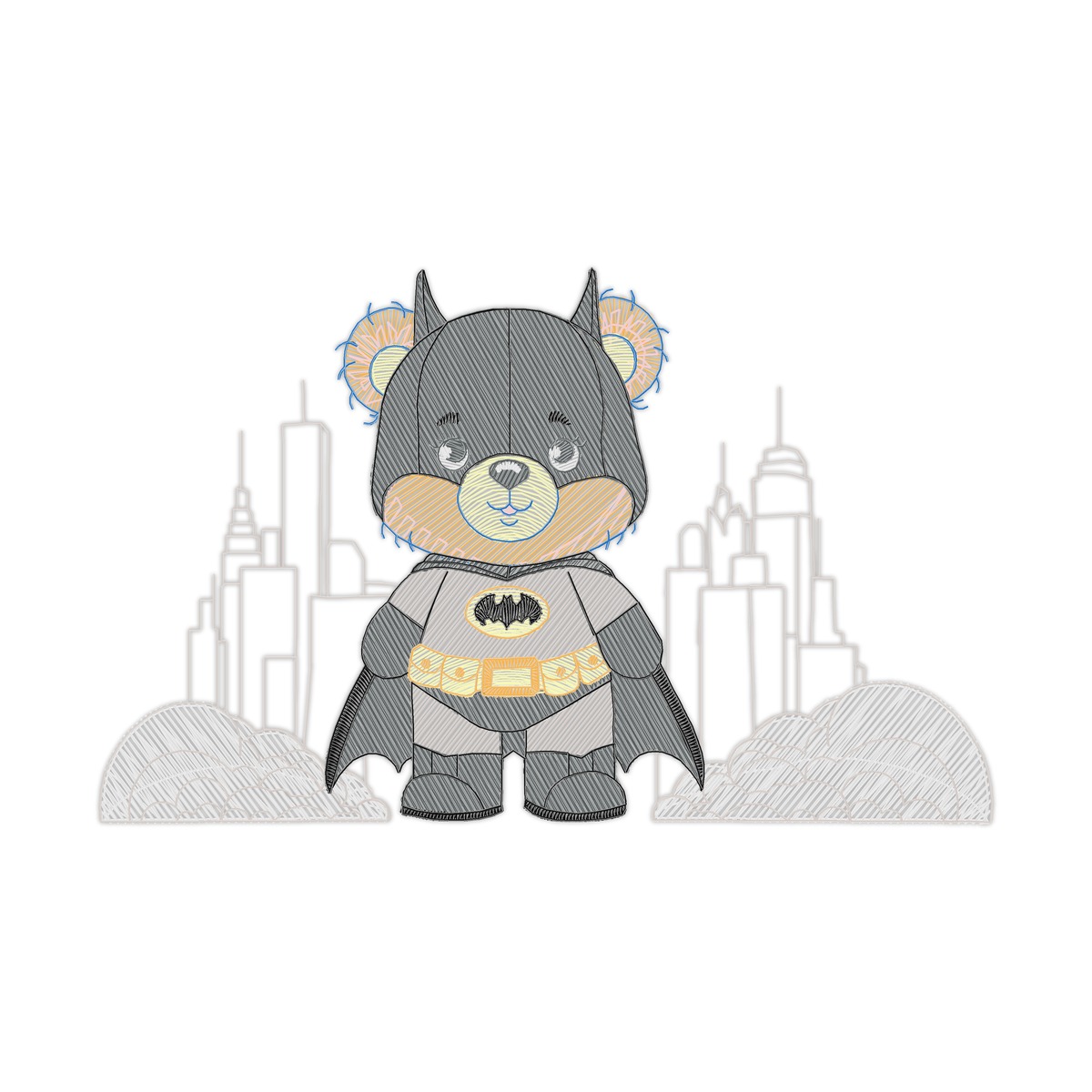 Trio Teddy Bear Hero 5 Multi-Size free machine embroidery design — 4.72×2.94 in — 10,177 stitches — 15 colors — DST, EXP, HUS, JEF, PES