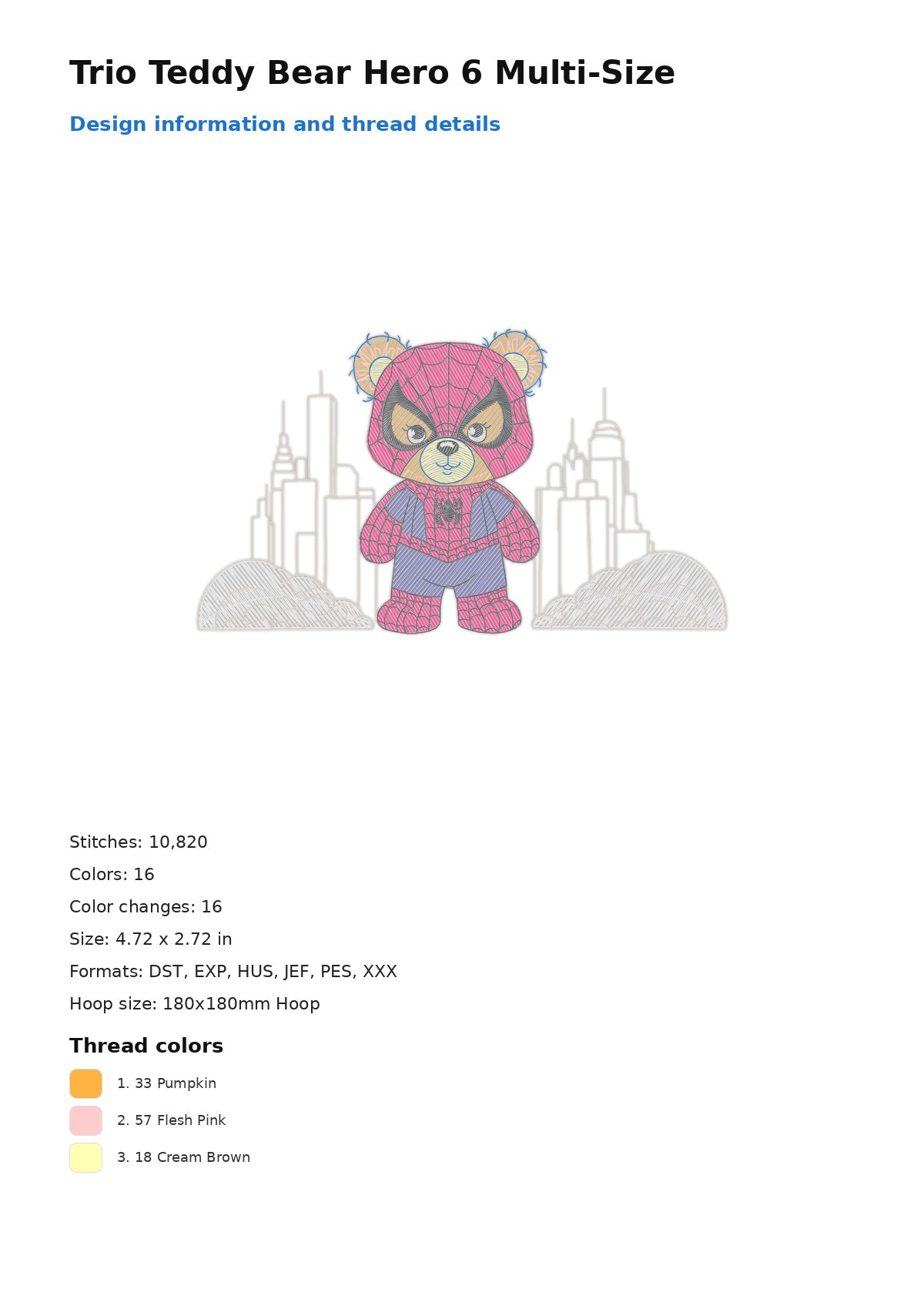 Trio Teddy Bear Hero 6 Multi-Size free machine embroidery design — 4.72×2.72 in — 10,820 stitches — 16 colors — DST, EXP, HUS, JEF, PES