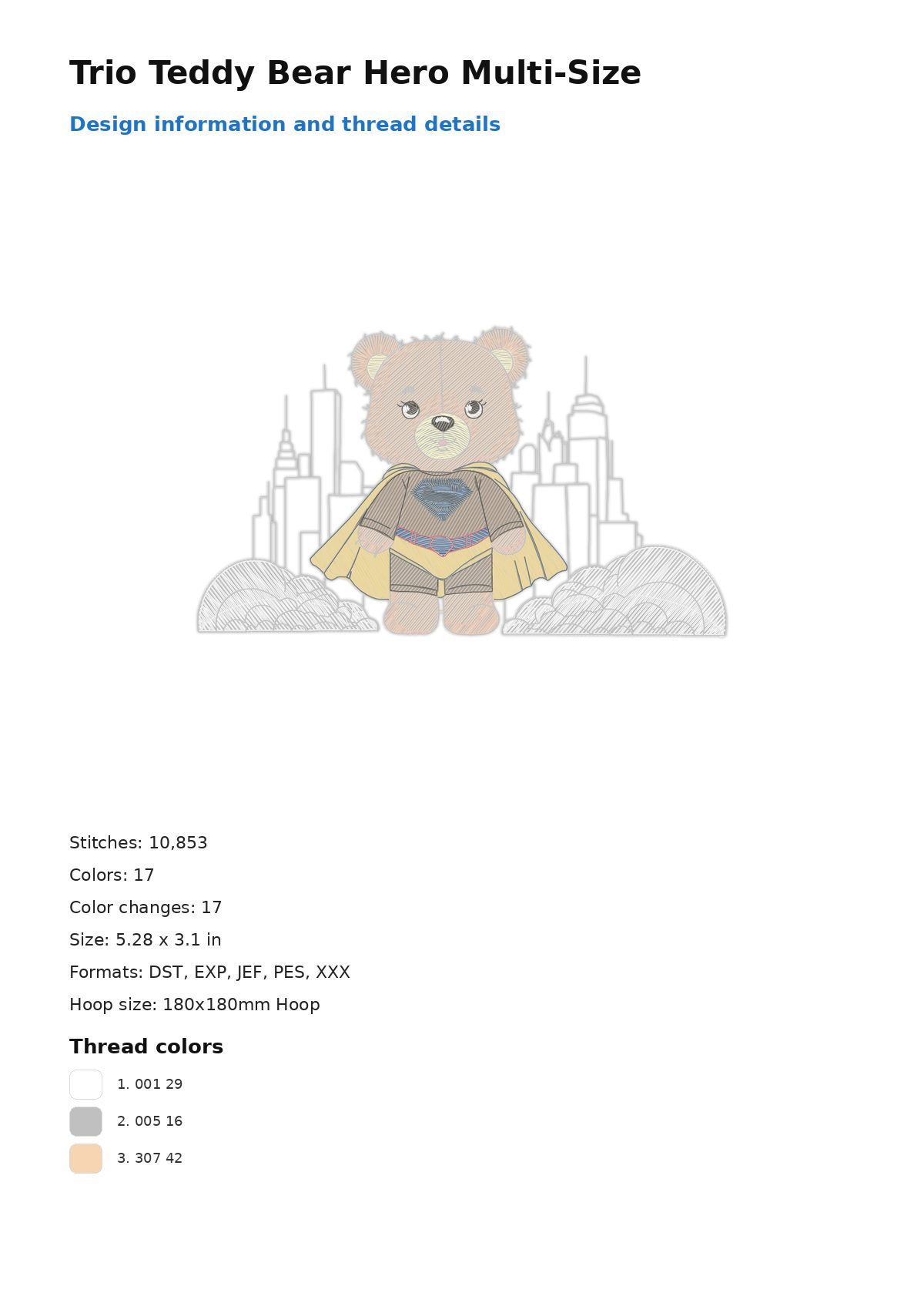 Trio Teddy Bear Hero Multi-Size free machine embroidery design — 5.28×3.1 in — 10,853 stitches — 17 colors — DST, EXP, JEF, PES, XXX