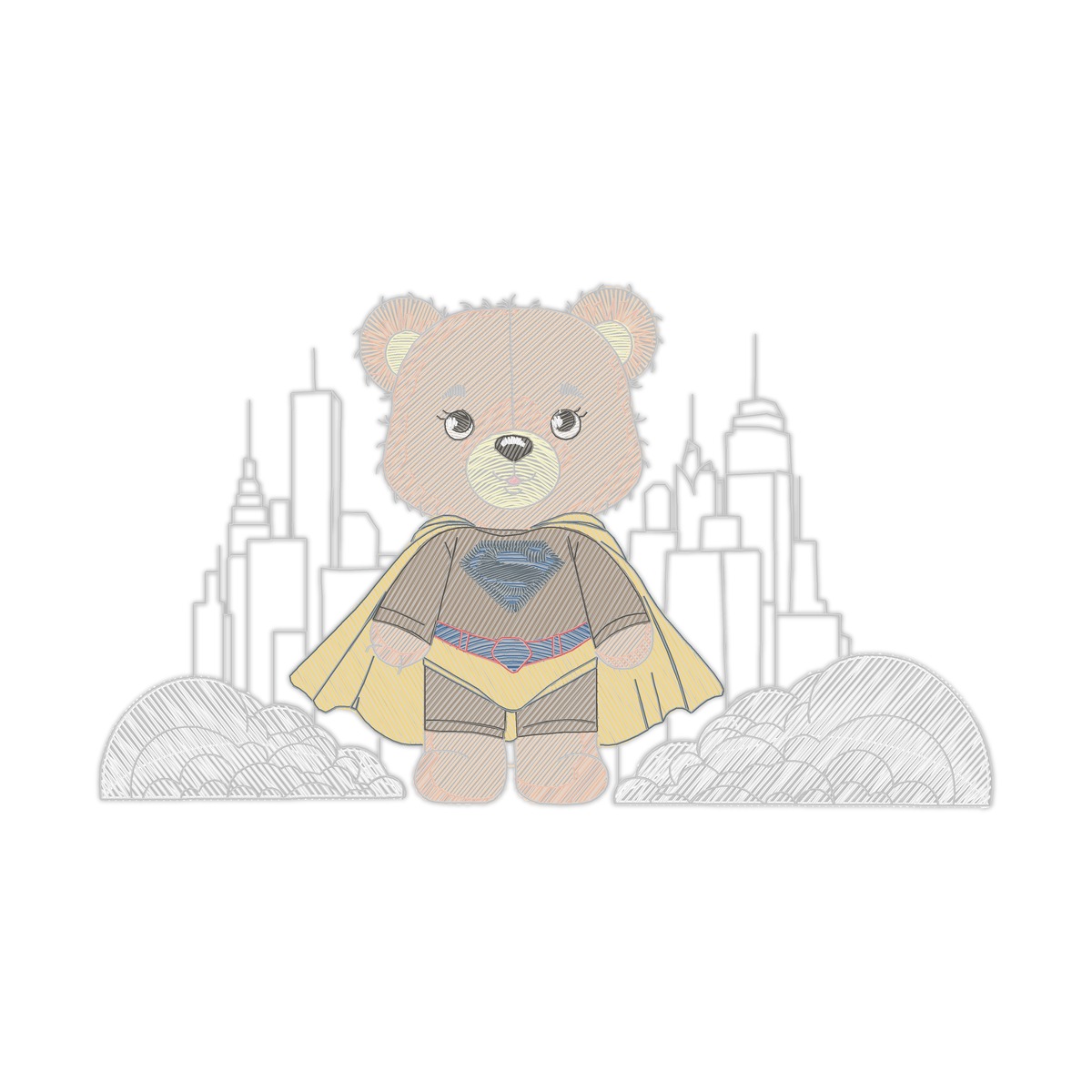 Trio Teddy Bear Hero Multi-Size free machine embroidery design — 5.28×3.1 in — 10,853 stitches — 17 colors — DST, EXP, JEF, PES, XXX