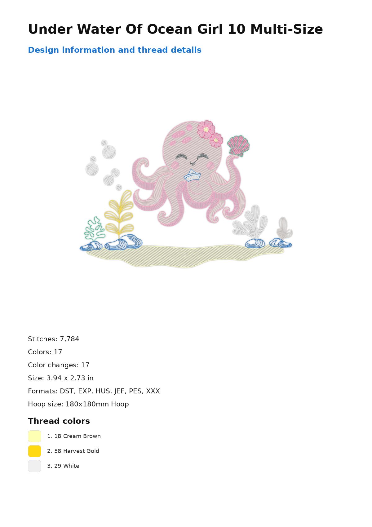 Under Water Of Ocean Girl 10 Multi-Size free machine embroidery design — 3.94×2.73 in — 7,784 stitches — 17 colors — DST, EXP, HUS, JEF, PES