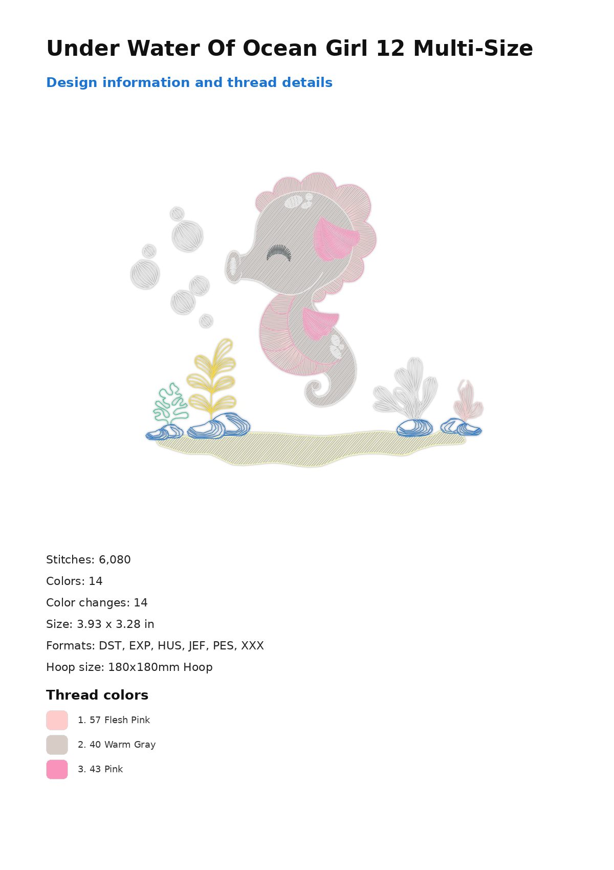Under Water Of Ocean Girl 12 Multi-Size free machine embroidery design — 3.93×3.28 in — 6,080 stitches — 14 colors — DST, EXP, HUS, JEF, PES