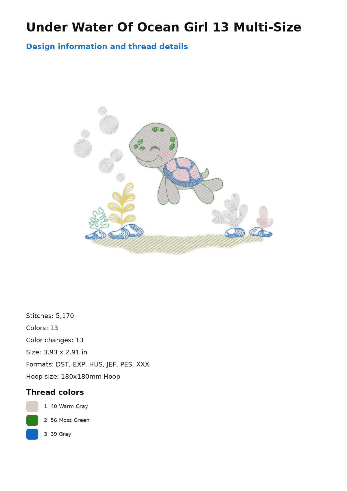 Under Water Of Ocean Girl 13 Multi-Size free machine embroidery design — 3.93×2.91 in — 5,170 stitches — 13 colors — DST, EXP, HUS, JEF, PES