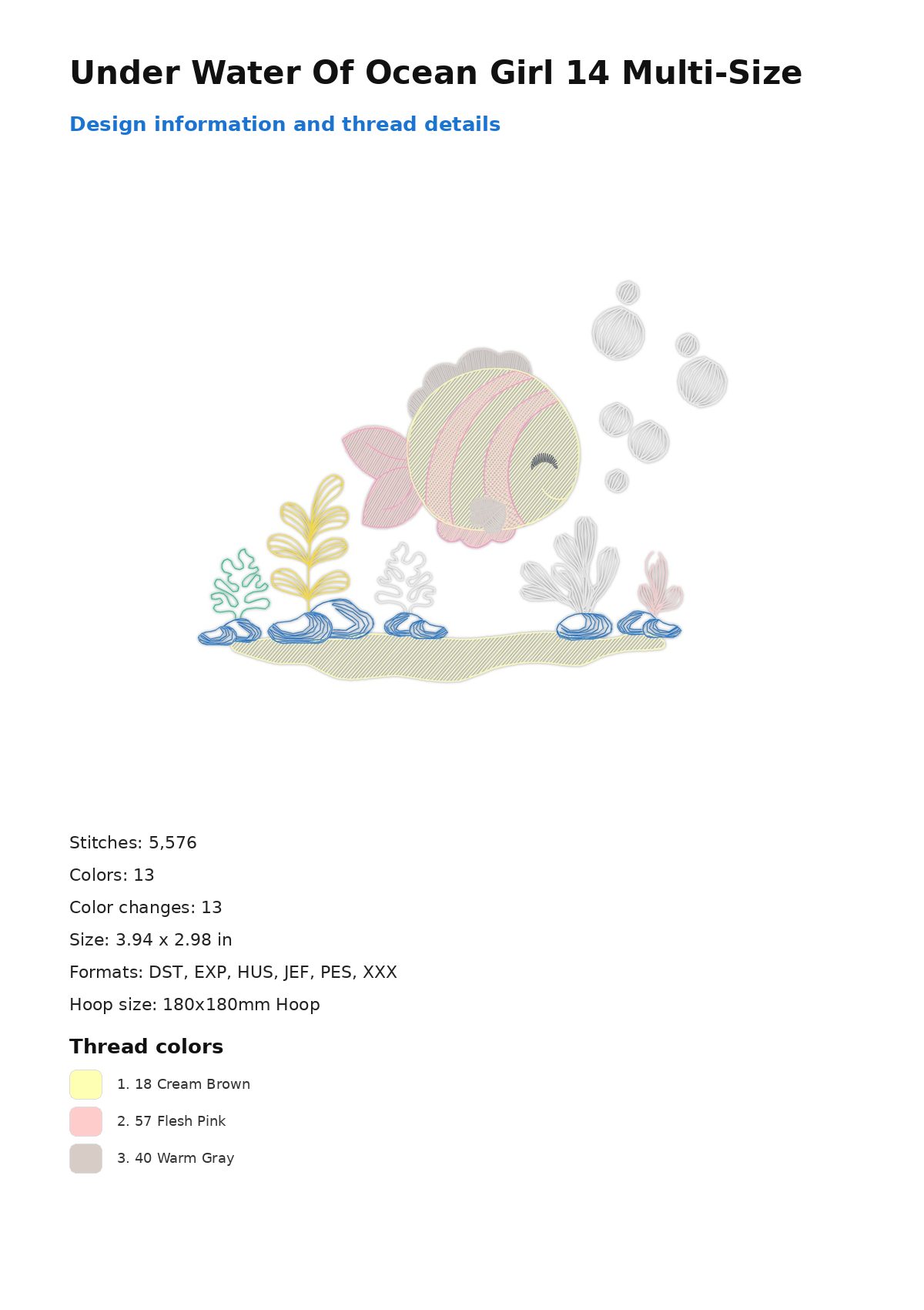 Under Water Of Ocean Girl 14 Multi-Size free machine embroidery design — 3.94×2.98 in — 5,576 stitches — 13 colors — DST, EXP, HUS, JEF, PES
