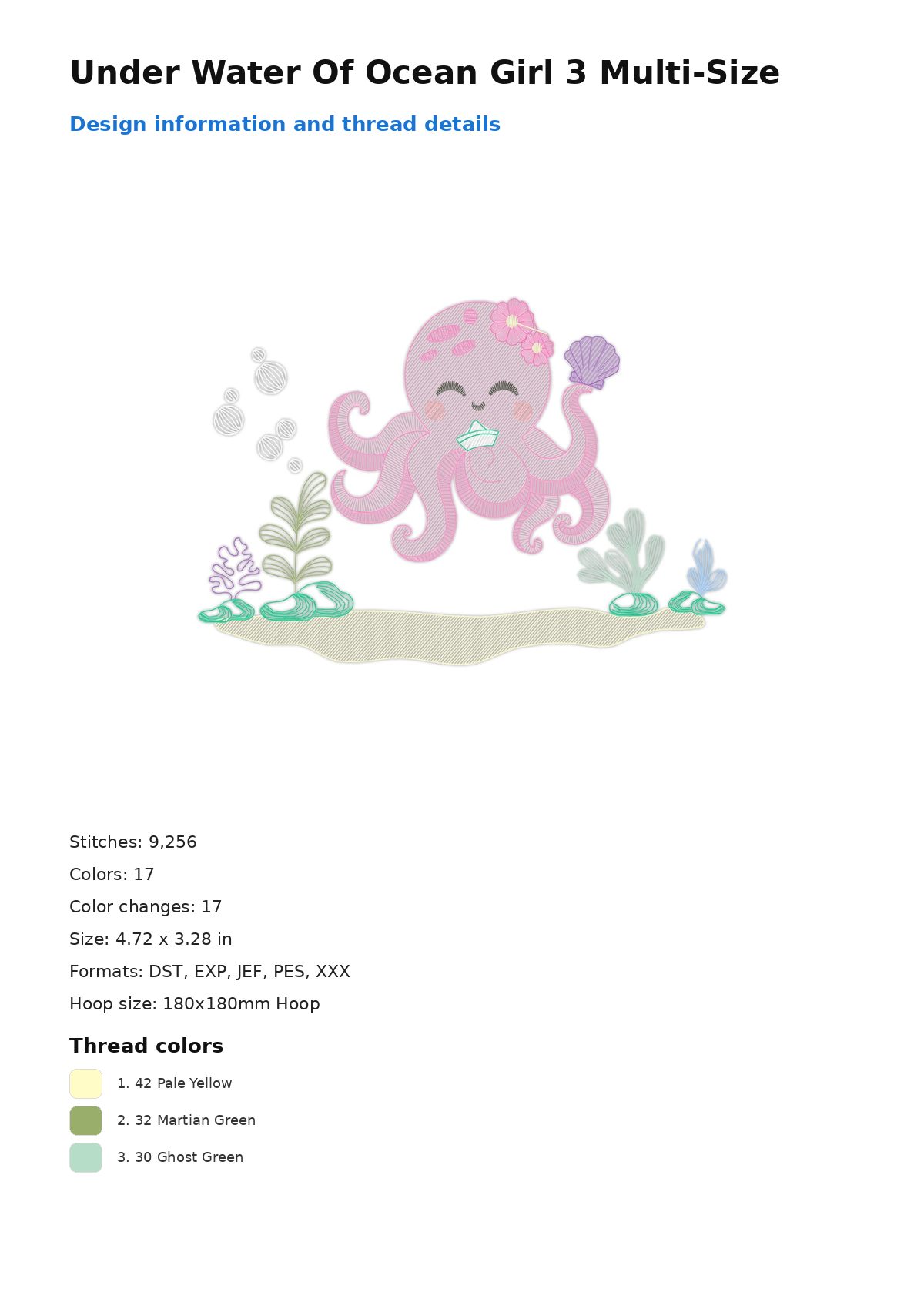 Under Water Of Ocean Girl 3 Multi-Size free machine embroidery design — 4.72×3.28 in — 9,256 stitches — 17 colors — DST, EXP, JEF, PES, XXX