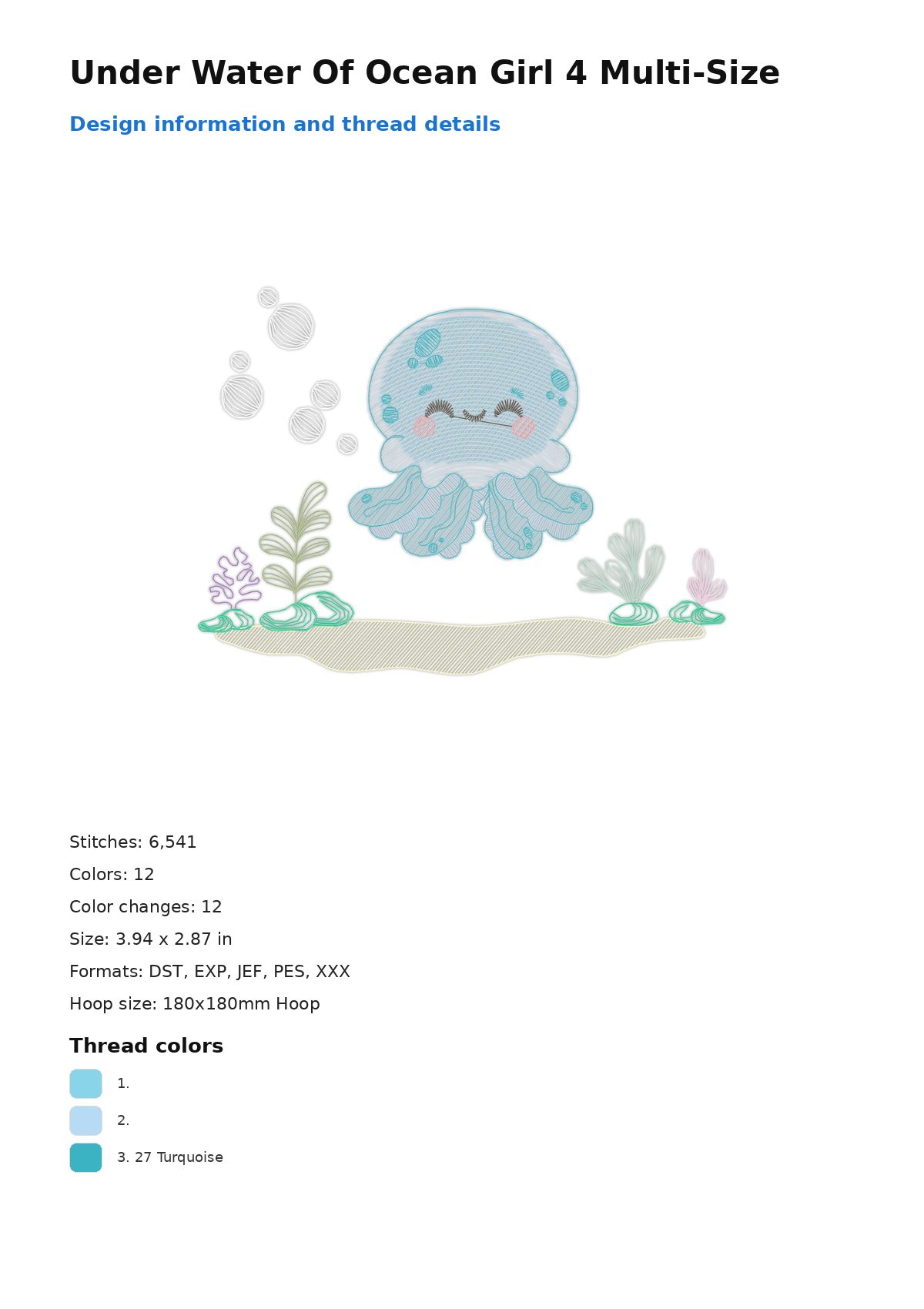 Under Water Of Ocean Girl 4 Multi-Size free machine embroidery design — 3.94×2.87 in — 6,541 stitches — 12 colors — DST, EXP, JEF, PES, XXX