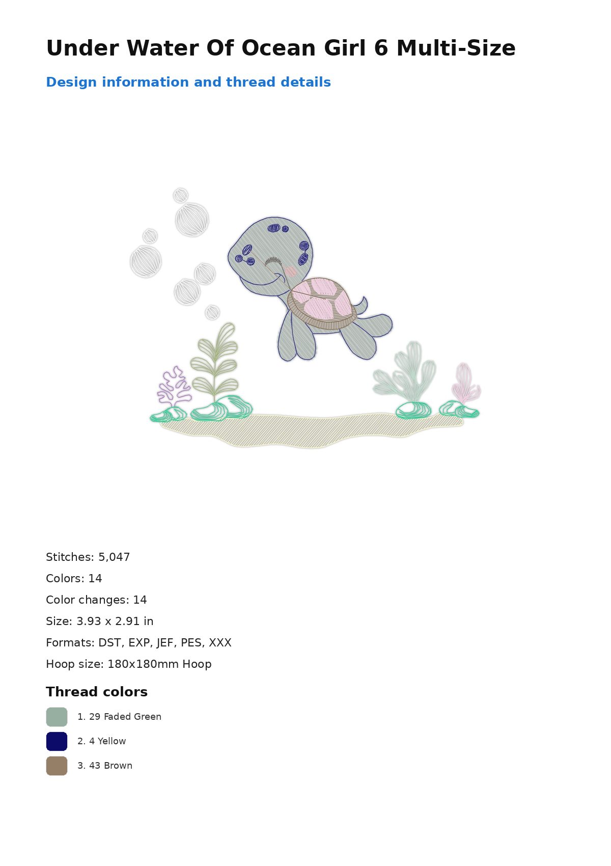 Under Water Of Ocean Girl 6 Multi-Size free machine embroidery design — 3.93×2.91 in — 5,047 stitches — 14 colors — DST, EXP, JEF, PES, XXX