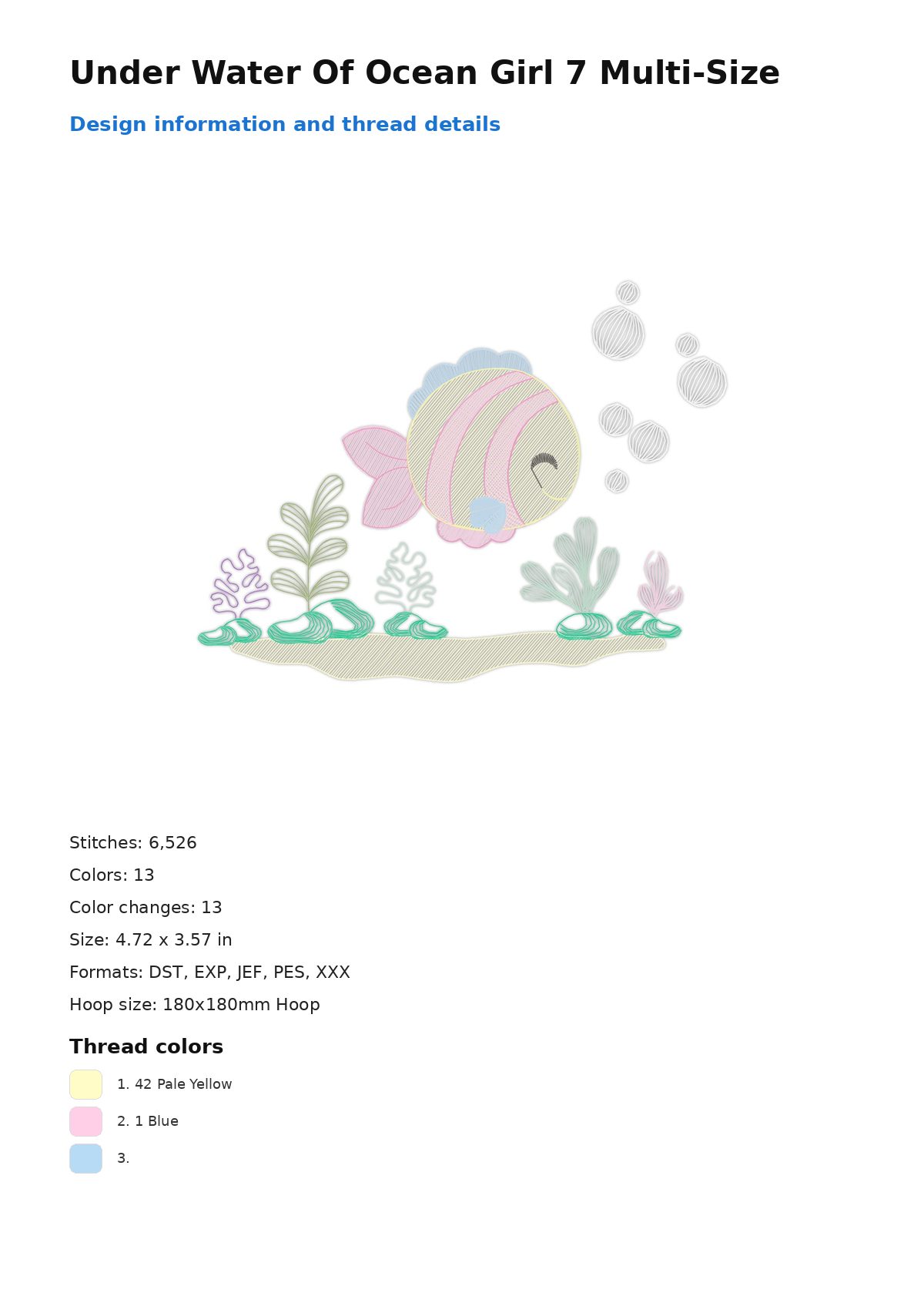 Under Water Of Ocean Girl 7 Multi-Size free machine embroidery design — 4.72×3.57 in — 6,526 stitches — 13 colors — DST, EXP, JEF, PES, XXX