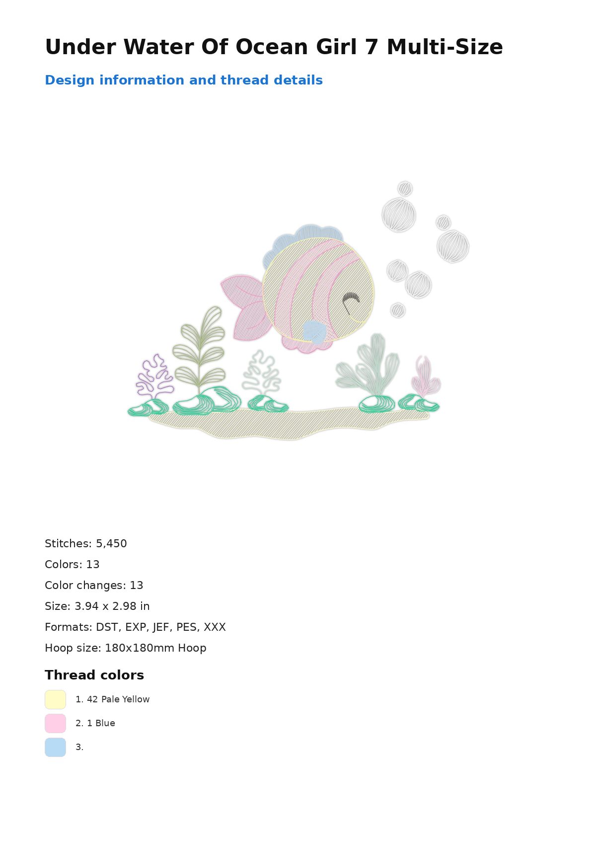 Under Water Of Ocean Girl 7 Multi-Size free machine embroidery design — 3.94×2.98 in — 5,450 stitches — 13 colors — DST, EXP, JEF, PES, XXX