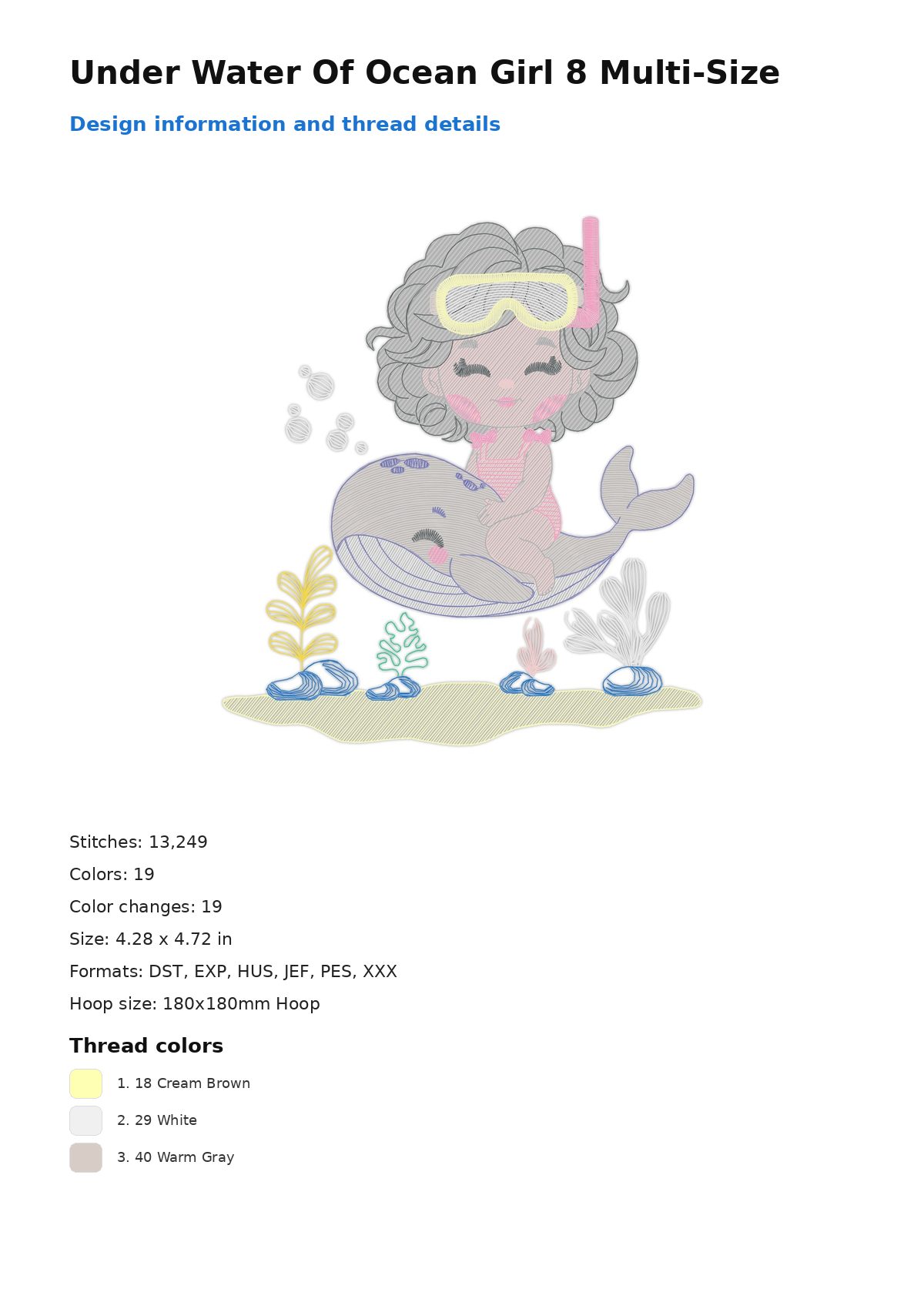 Under Water Of Ocean Girl 8 Multi-Size free machine embroidery design — 4.28×4.72 in — 13,249 stitches — 19 colors — DST, EXP, HUS, JEF, PES