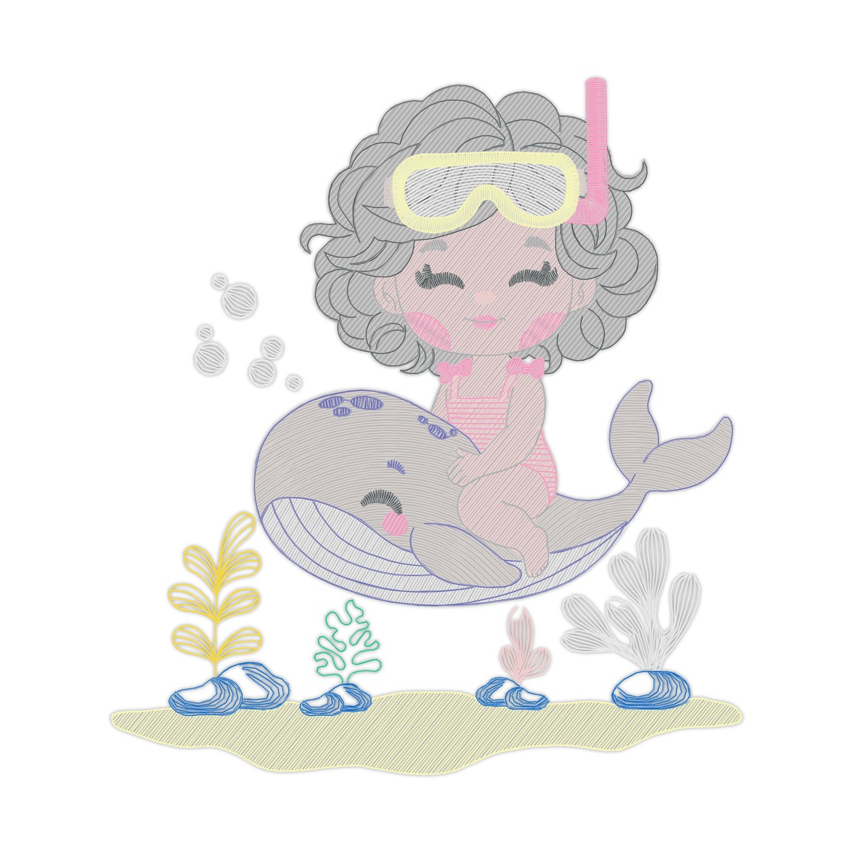 Under Water Of Ocean Girl 8 Multi-Size free machine embroidery design — 4.81×5.31 in — 15,031 stitches — 19 colors — DST, EXP, HUS, JEF, PES