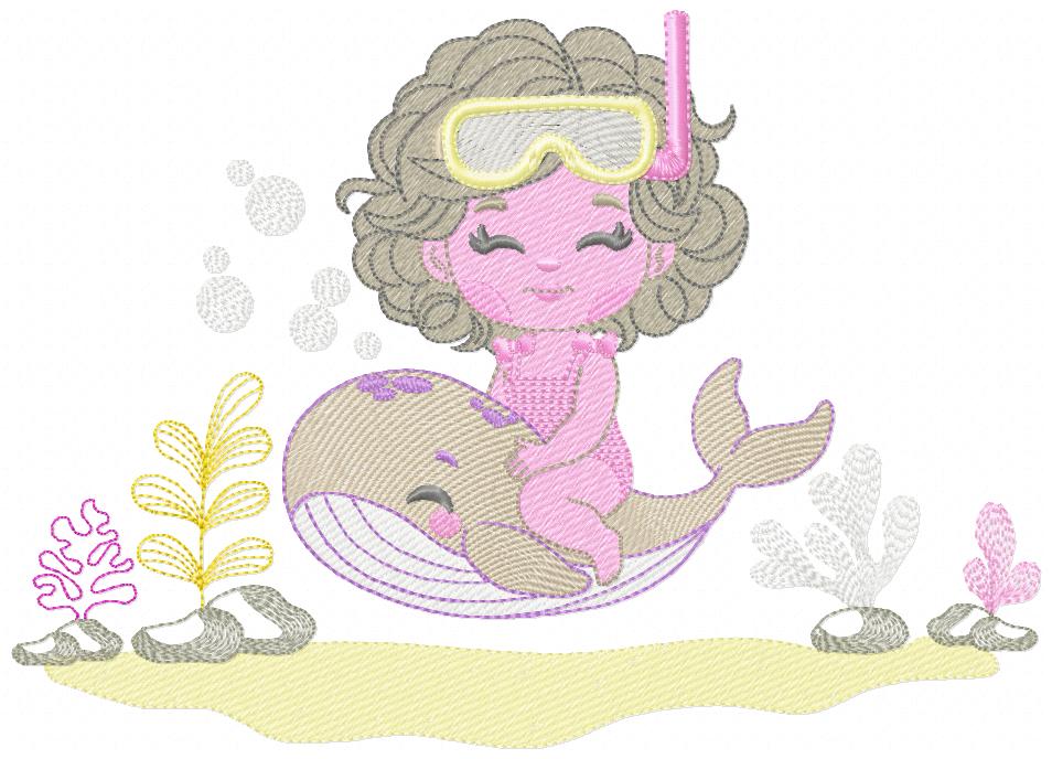 Under Water Of Ocean Girl 8 Multi-Size free machine embroidery design — 4.28×4.72 in — 13,249 stitches — 19 colors — DST, EXP, HUS, JEF, PES